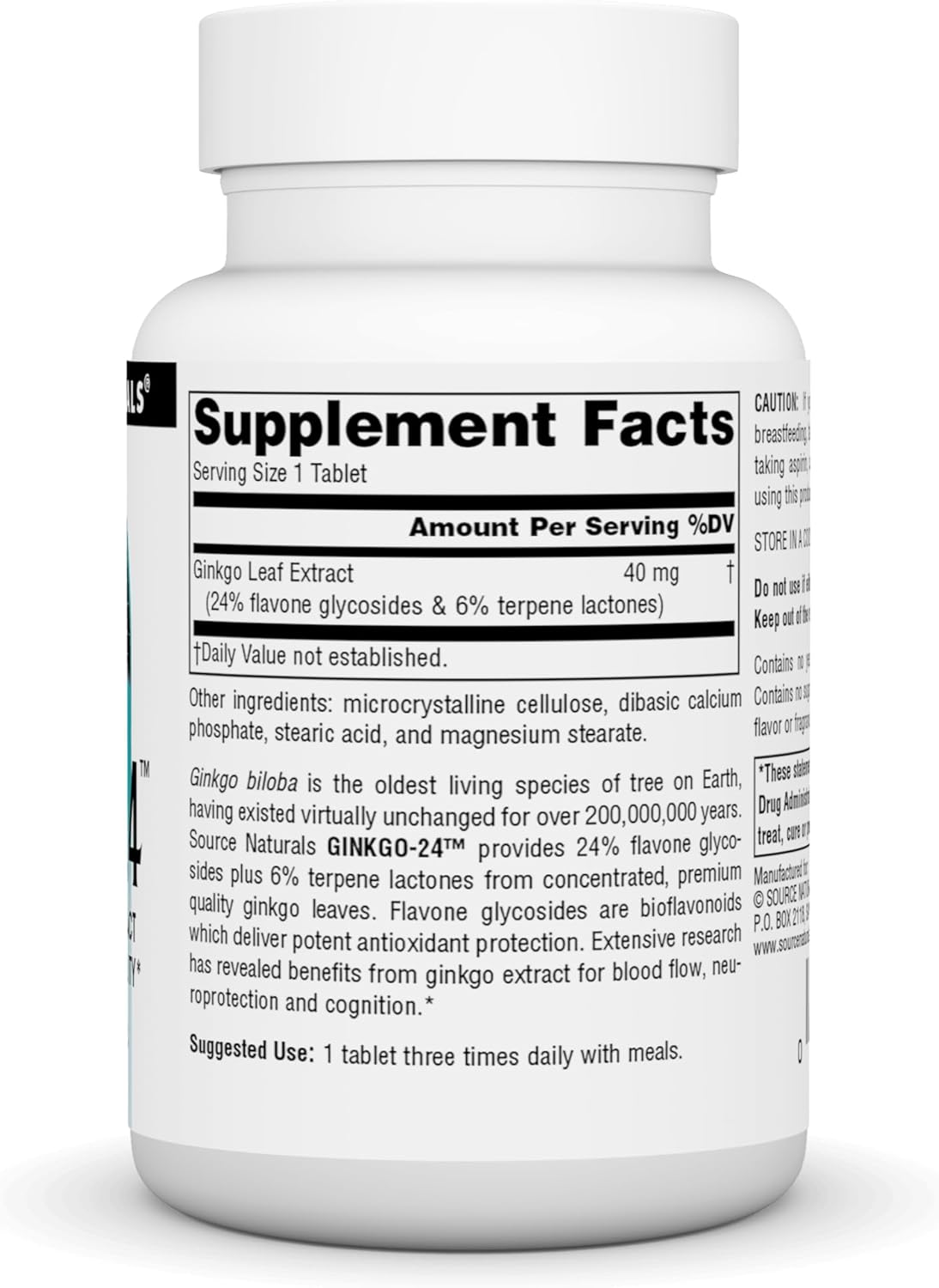 Ginkgo Biloba Extract 40mg Tablets - Promotes Mental Acuity - Source Naturals Ginkgo-24 - 120 Count