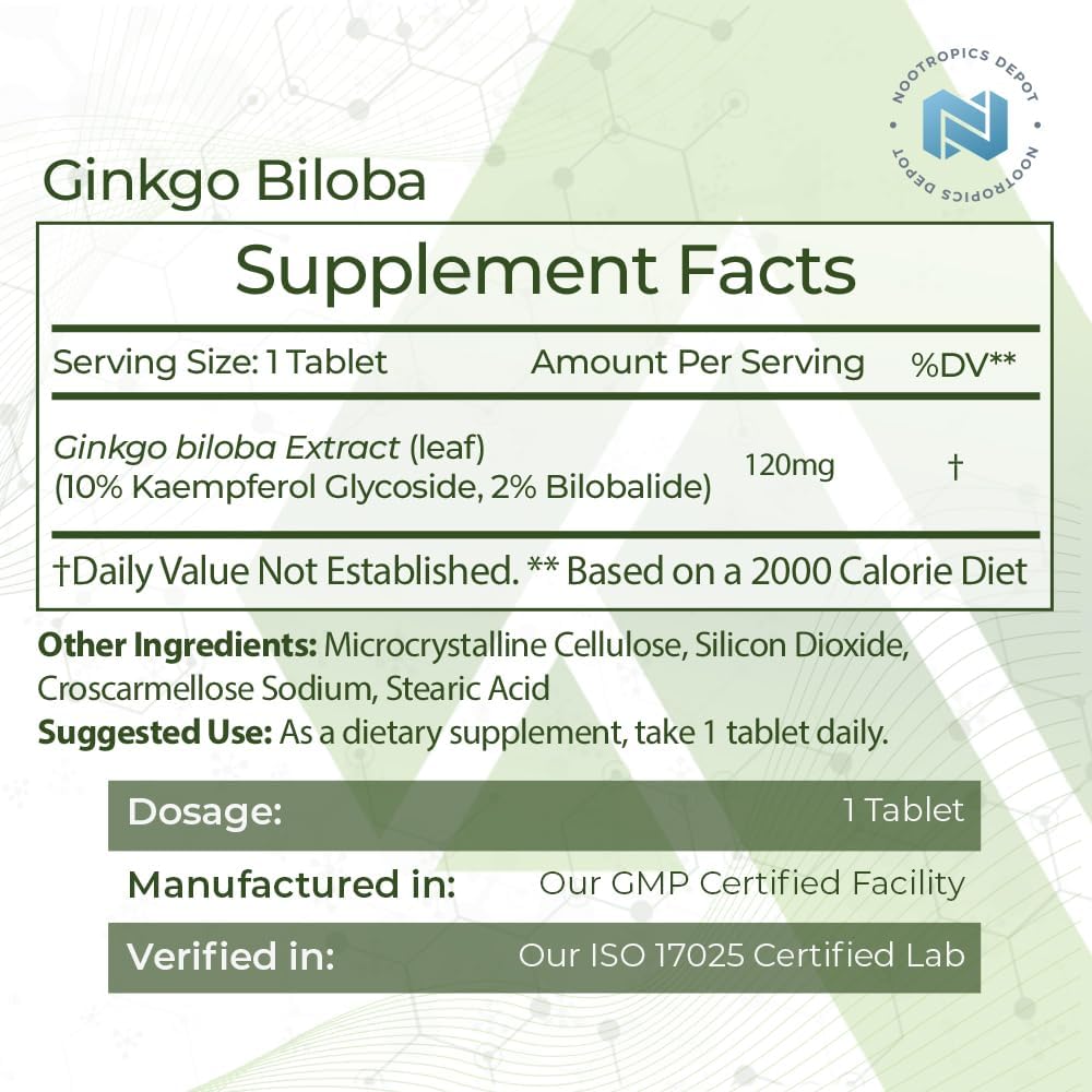 Ginkgo Biloba Extract Tablets | 120mg | 90 Count | High Kaempferol Glycoside + Bilobalide | Cognitive & Cardiovascular Support
