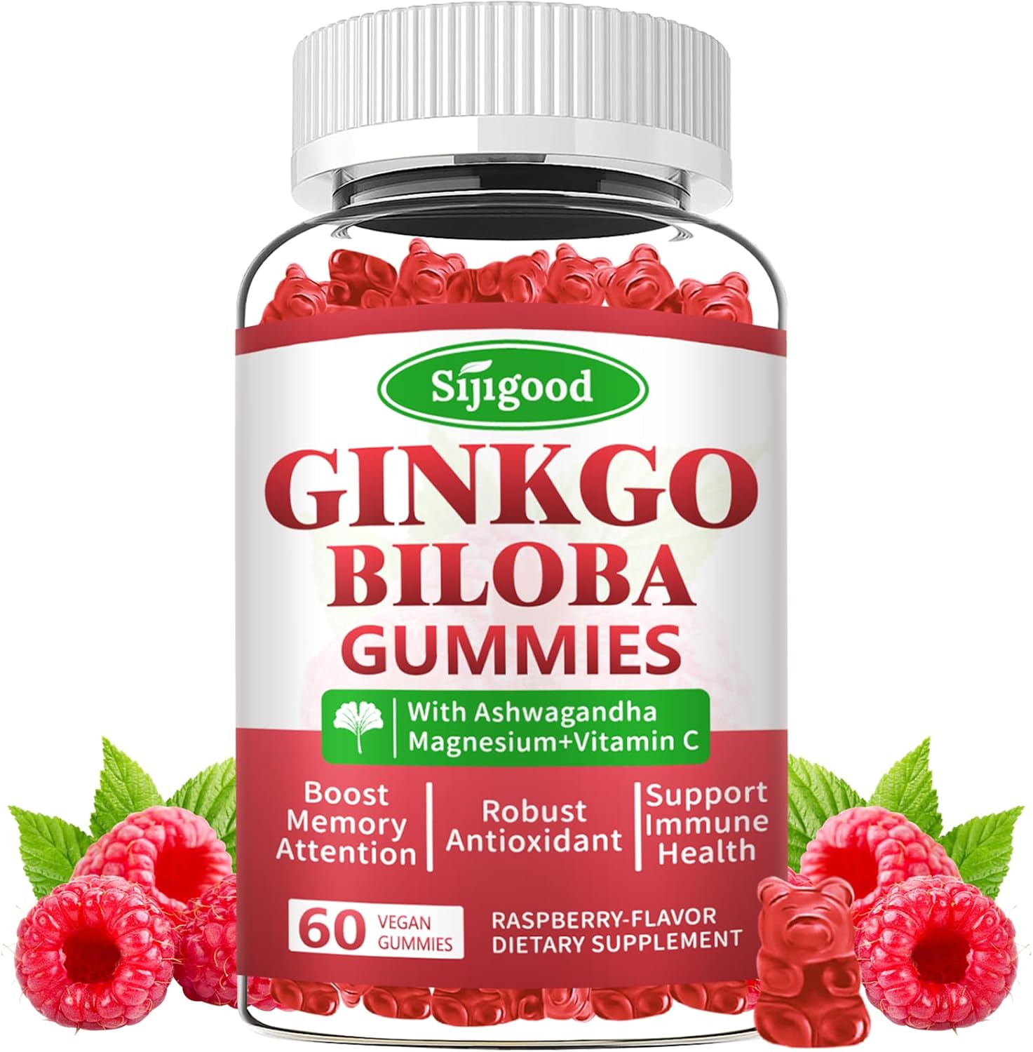 Ginkgo Biloba Gummies with Panax Ginseng and Magnesium - Focus, Memory, and Brain Health Support - Vegan Raspberry Flavor - 60 Count