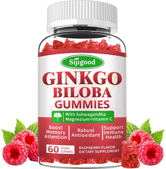 Ginkgo Biloba Gummies with Panax Ginseng and Magnesium - Focus, Memory, and Brain Health Support - Vegan Raspberry Flavor - 60 Count