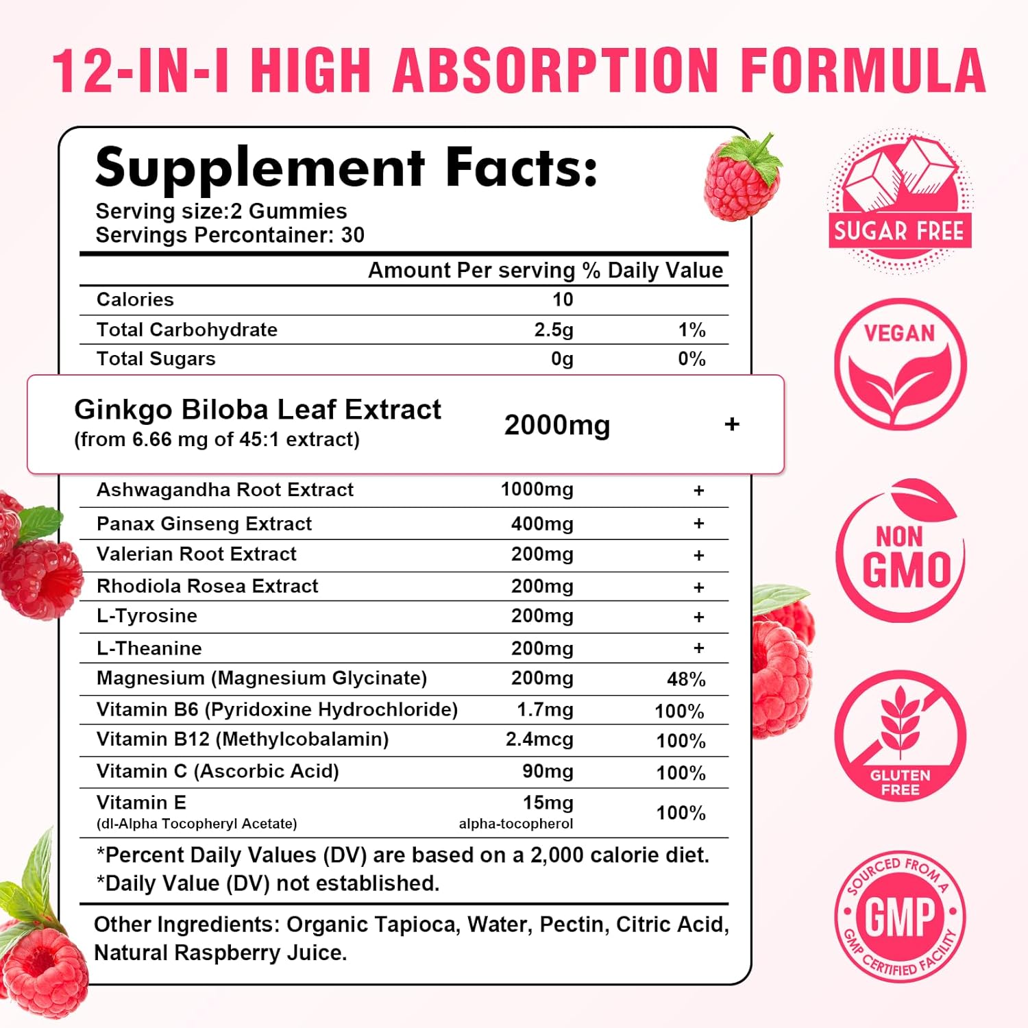 Ginkgo Biloba Gummies with Panax Ginseng and Magnesium - Focus, Memory, and Brain Health Support - Vegan Raspberry Flavor - 60 Count