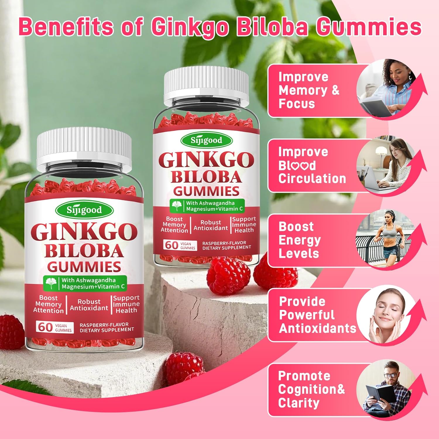 Ginkgo Biloba Gummies with Panax Ginseng and Magnesium - Focus, Memory, and Brain Health Support - Vegan Raspberry Flavor - 60 Count