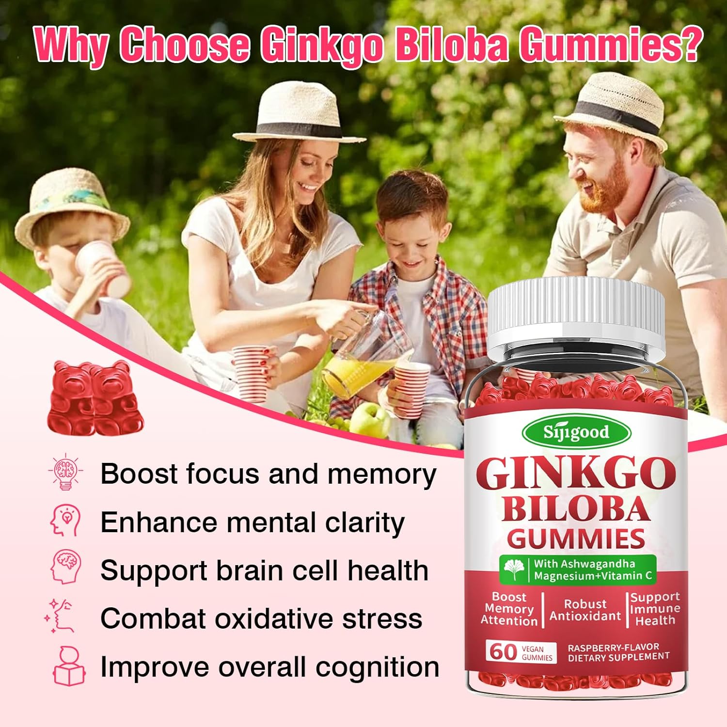Ginkgo Biloba Gummies with Panax Ginseng and Magnesium - Focus, Memory, and Brain Health Support - Vegan Raspberry Flavor - 60 Count