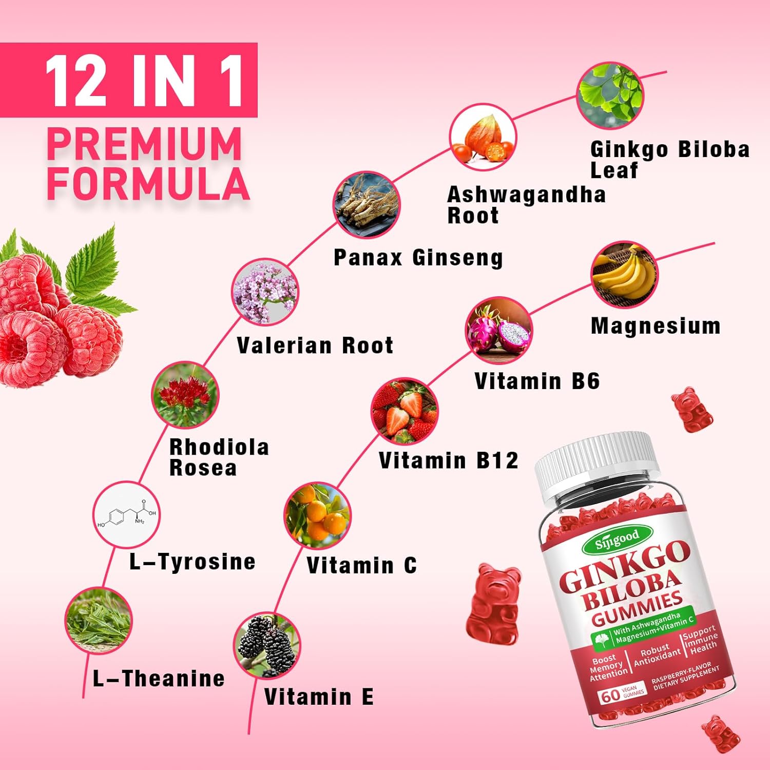 Ginkgo Biloba Gummies with Panax Ginseng and Magnesium - Focus, Memory, and Brain Health Support - Vegan Raspberry Flavor - 60 Count