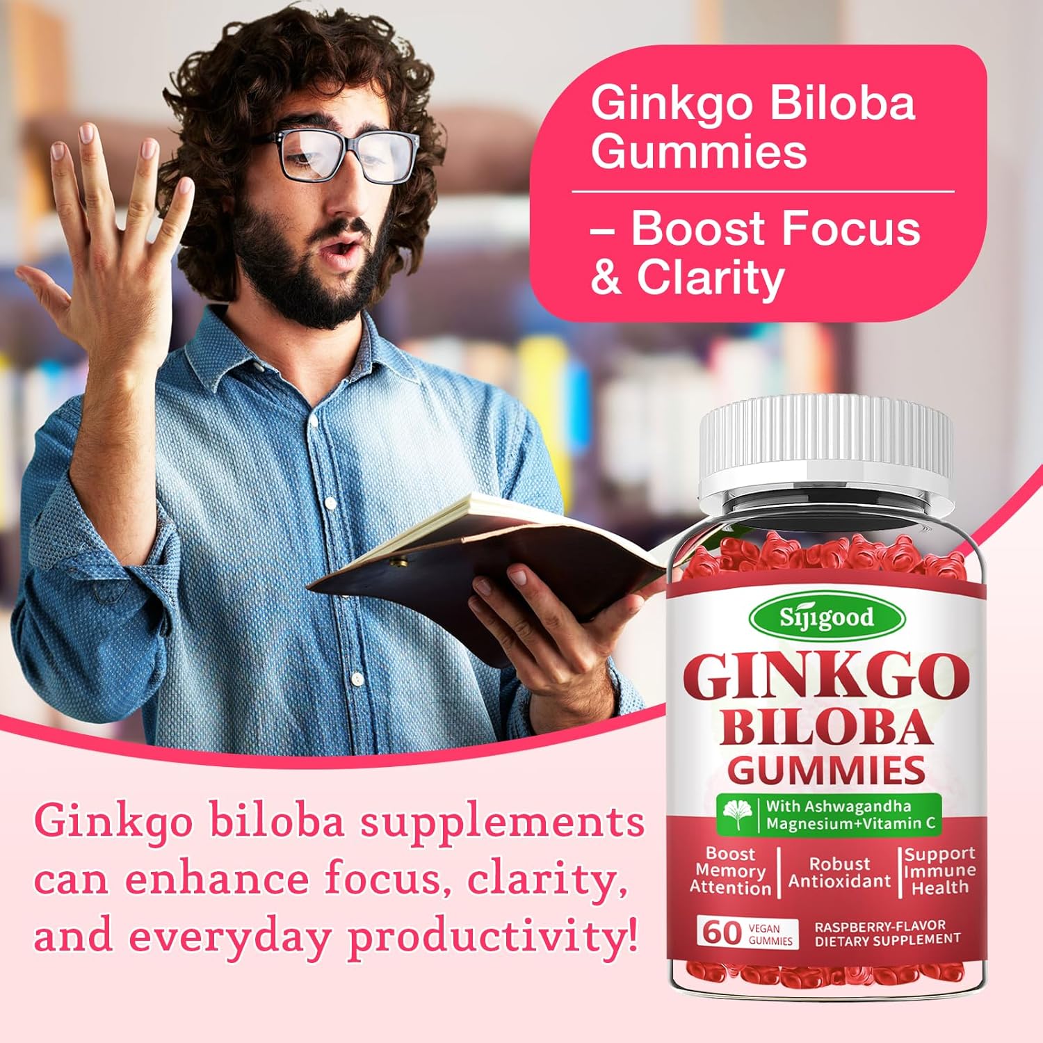 Ginkgo Biloba Gummies with Panax Ginseng and Magnesium - Focus, Memory, and Brain Health Support - Vegan Raspberry Flavor - 60 Count