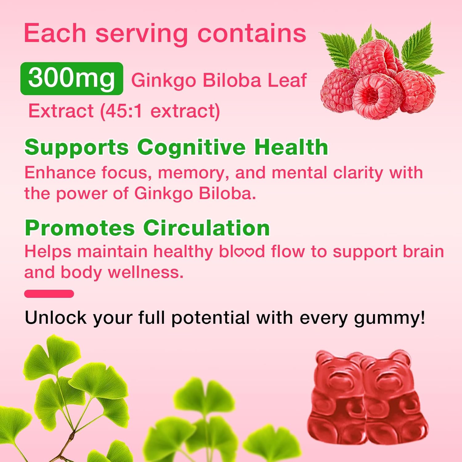 Ginkgo Biloba Gummies with Panax Ginseng and Magnesium - Focus, Memory, and Brain Health Support - Vegan Raspberry Flavor - 60 Count