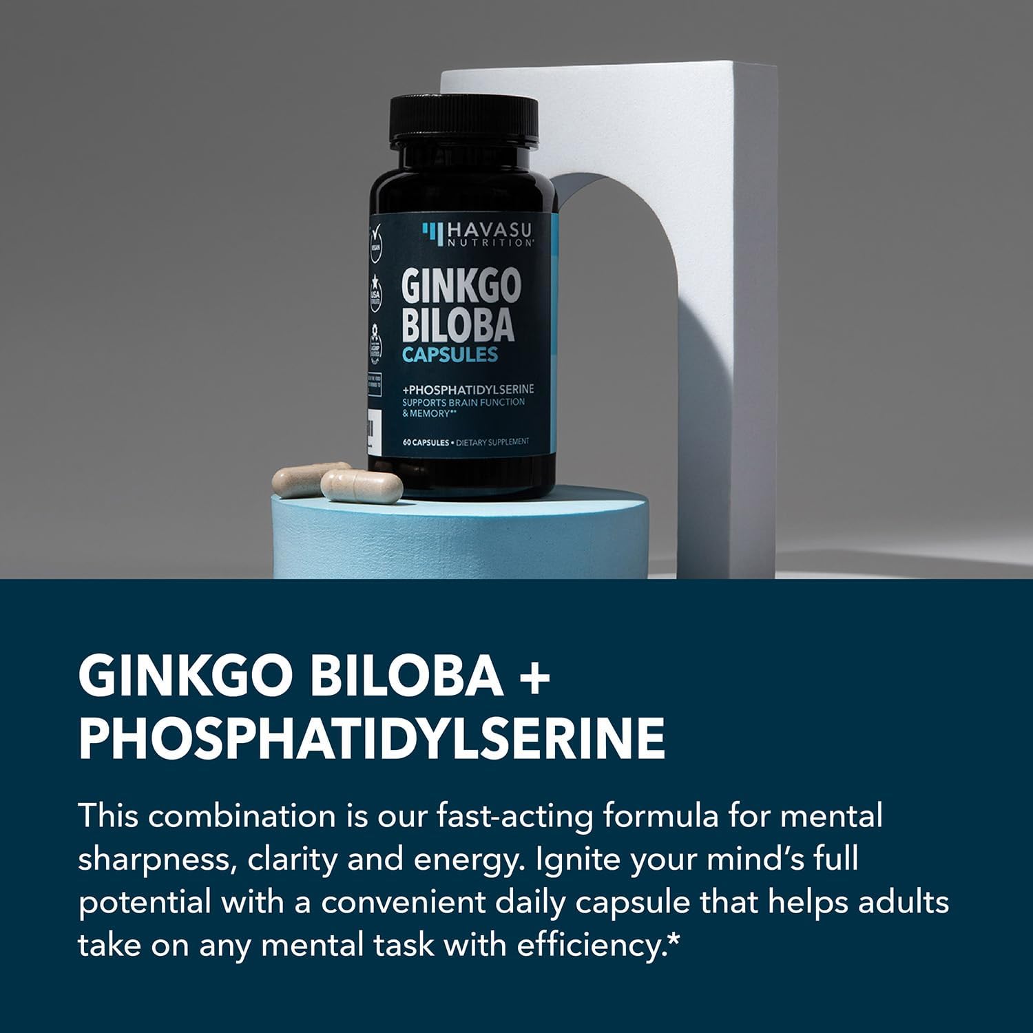 Ginkgo Biloba & Phosphatidylserine Nootropic Brain Health Supplement - Supports Memory, Focus, Cognitive Function - 60 Capsules, 2 Month Supply