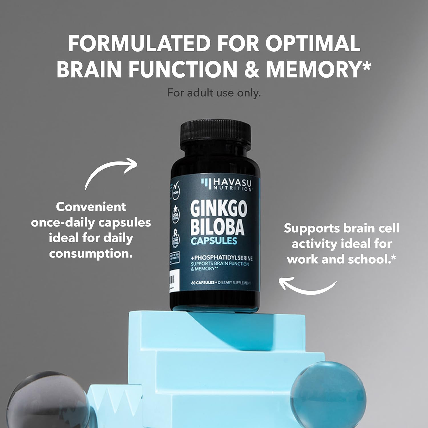 Ginkgo Biloba & Phosphatidylserine Nootropic Brain Health Supplement - Supports Memory, Focus, Cognitive Function - 60 Capsules, 2 Month Supply