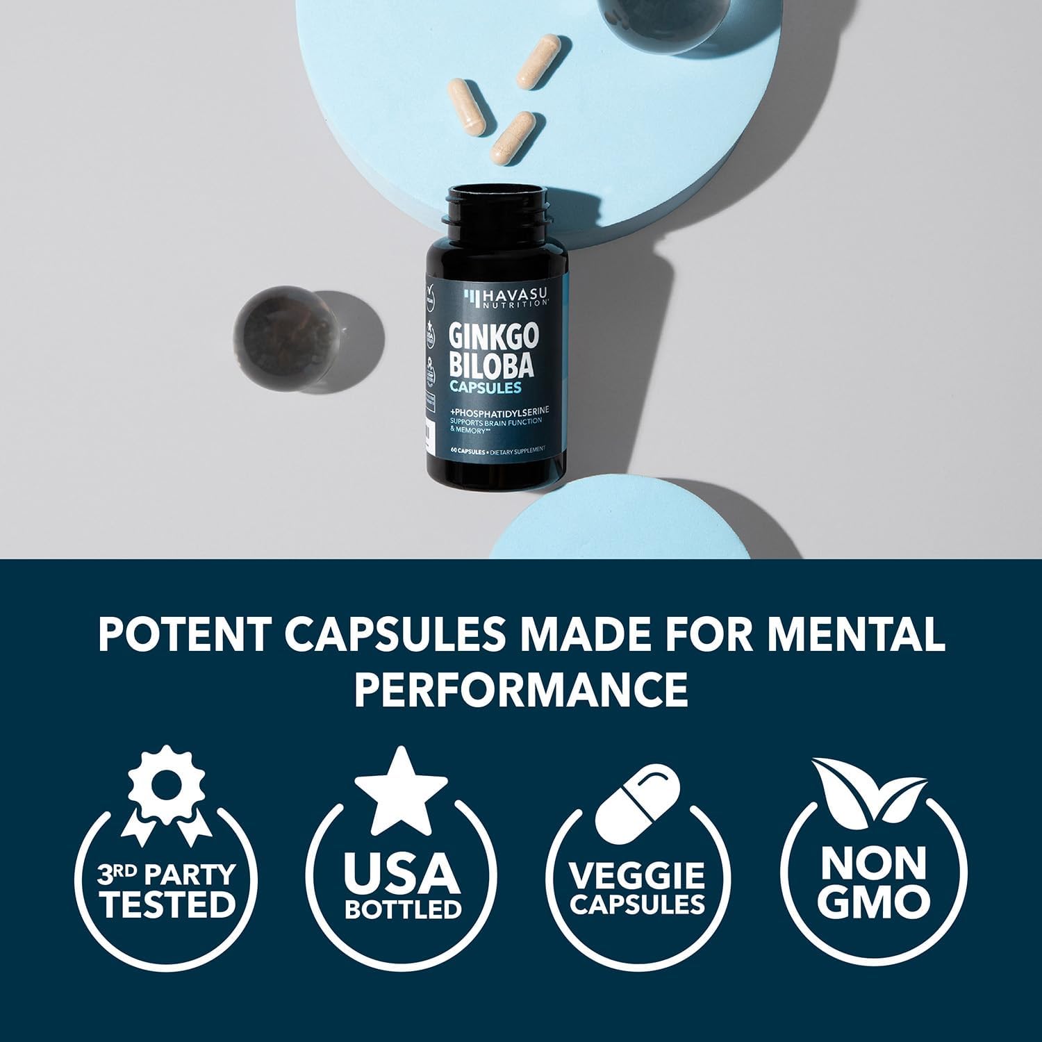 Ginkgo Biloba & Phosphatidylserine Nootropic Brain Health Supplement - Supports Memory, Focus, Cognitive Function - 60 Capsules, 2 Month Supply