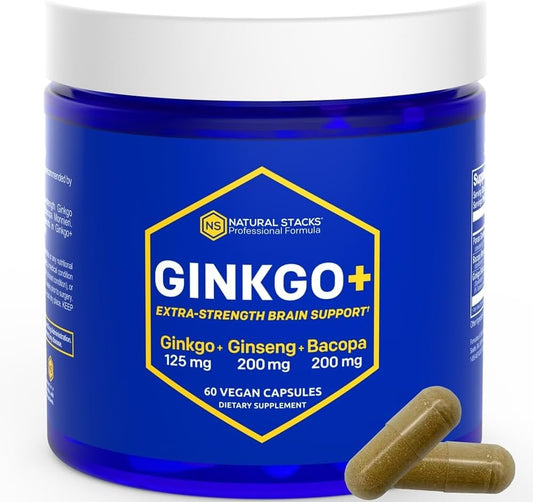 Ginkgo Biloba Supplement with Korean Ginseng & Bacopa Monnieri - Memory & Focus Brain Support - 60 Capsules