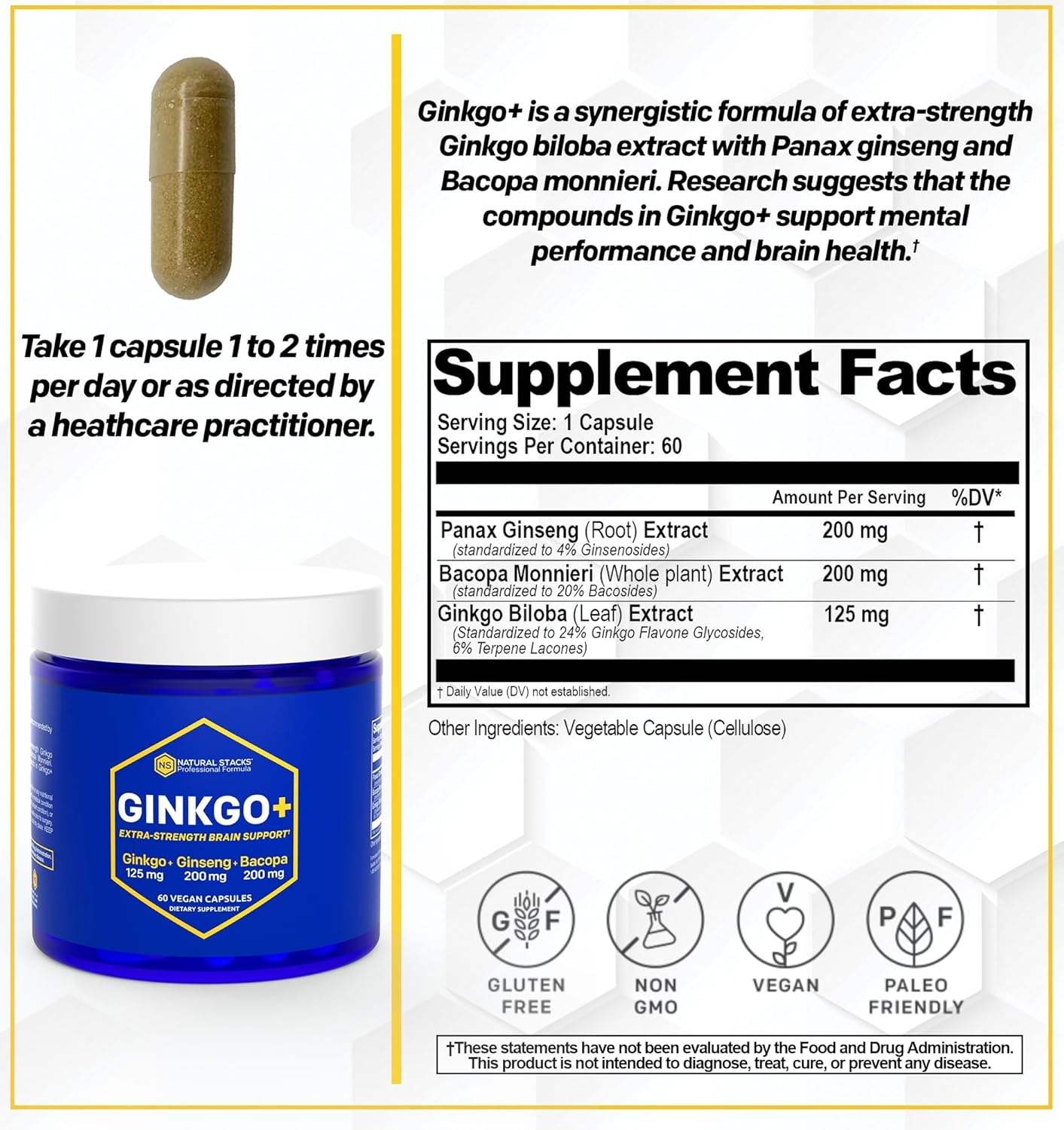 Ginkgo Biloba Supplement with Korean Ginseng & Bacopa Monnieri - Memory & Focus Brain Support - 60 Capsules