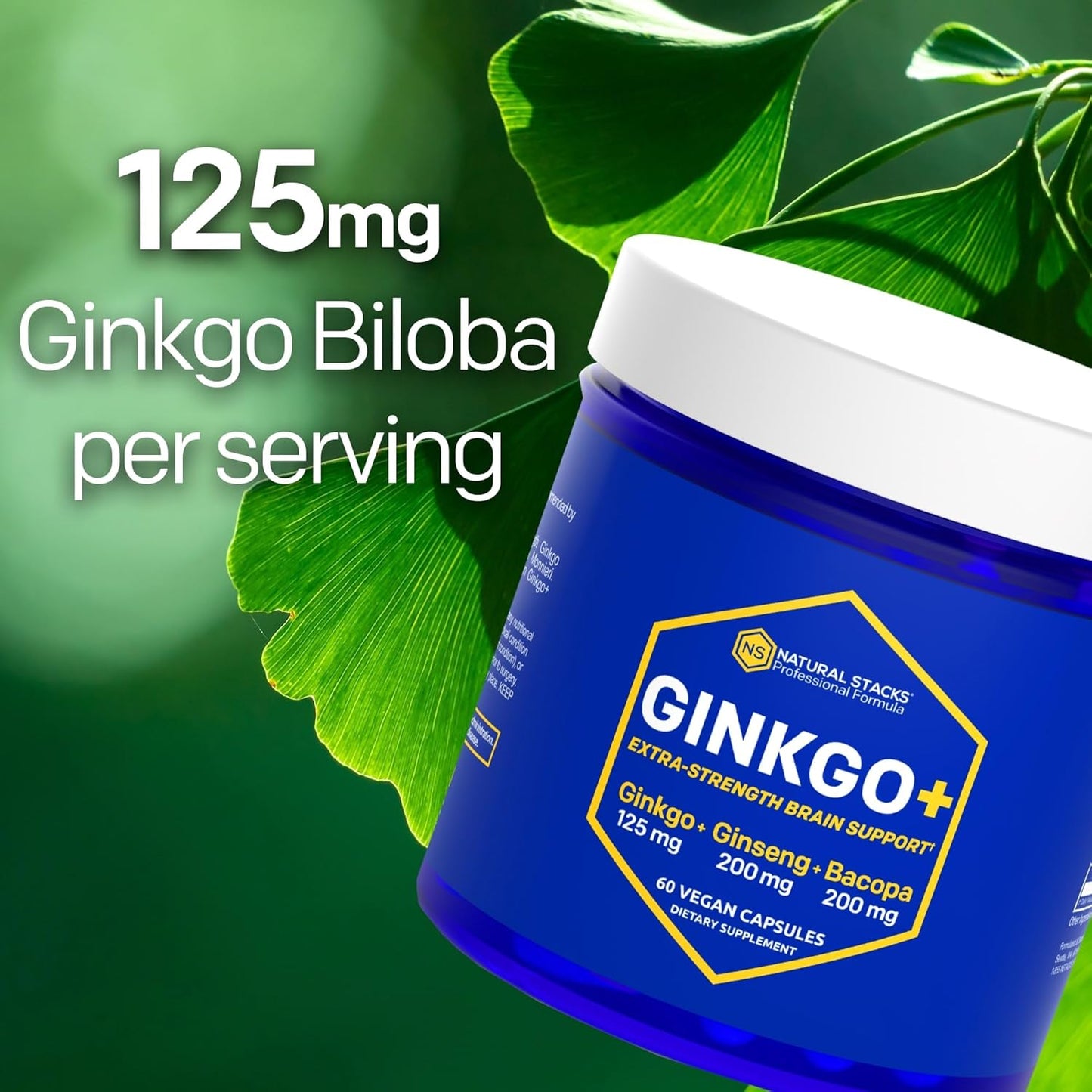Ginkgo Biloba Supplement with Korean Ginseng & Bacopa Monnieri - Memory & Focus Brain Support - 60 Capsules
