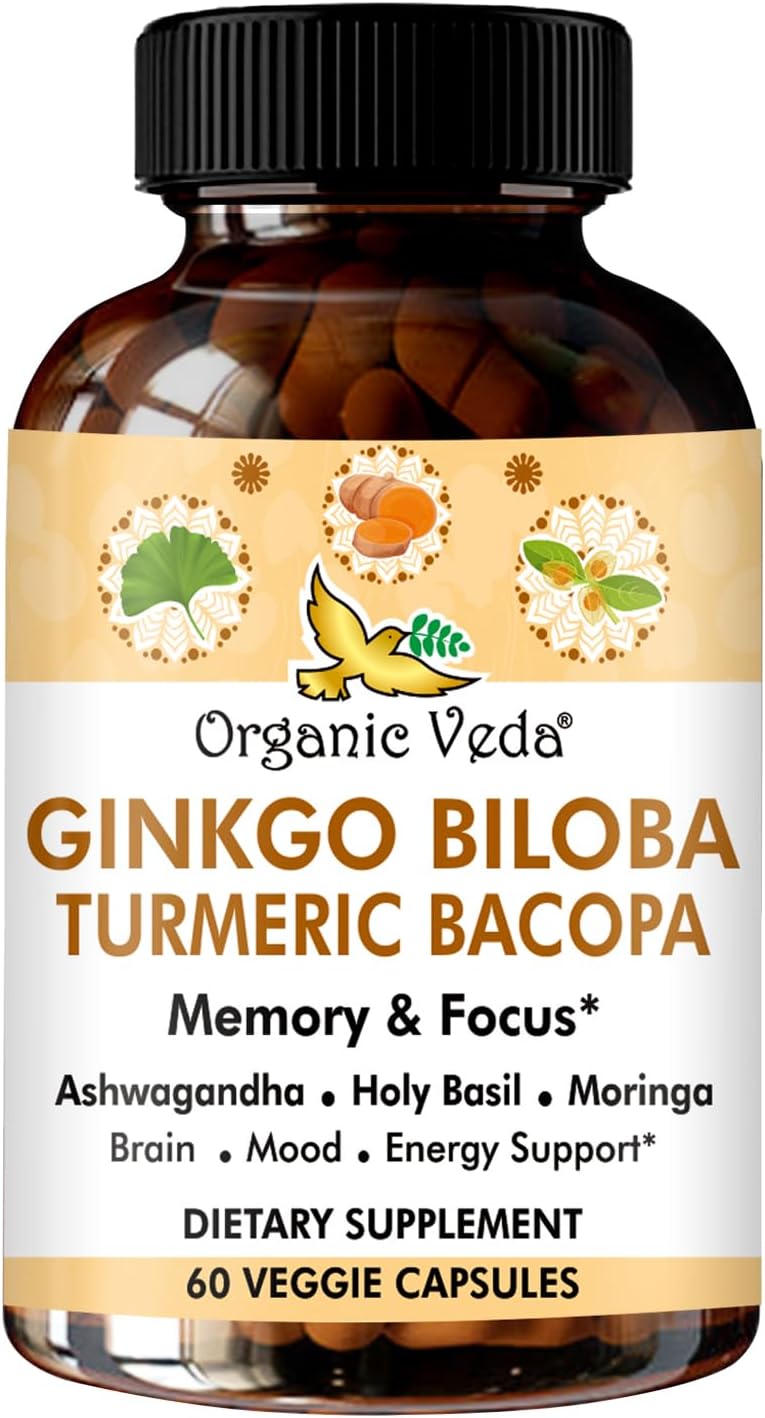 Ginkgo Biloba Turmeric Bacopa Brain Supplement with Ashwagandha - Memory, Mood & Focus Support - Vegan Capsules for Energy & Healthy Joints