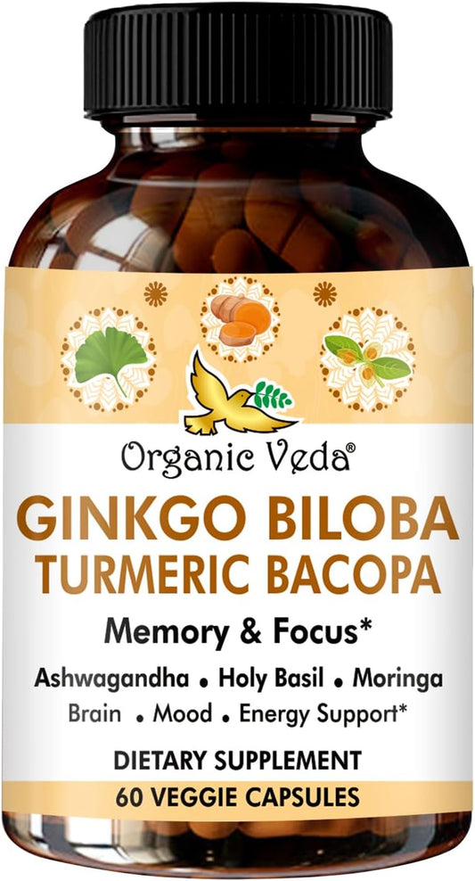 Ginkgo Biloba Turmeric Bacopa Brain Supplement with Ashwagandha - Memory, Mood & Focus Support - Vegan Capsules for Energy & Healthy Joints