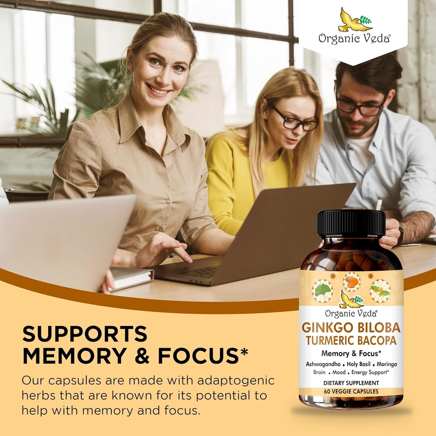 Ginkgo Biloba Turmeric Bacopa Brain Supplement with Ashwagandha - Memory, Mood & Focus Support - Vegan Capsules for Energy & Healthy Joints