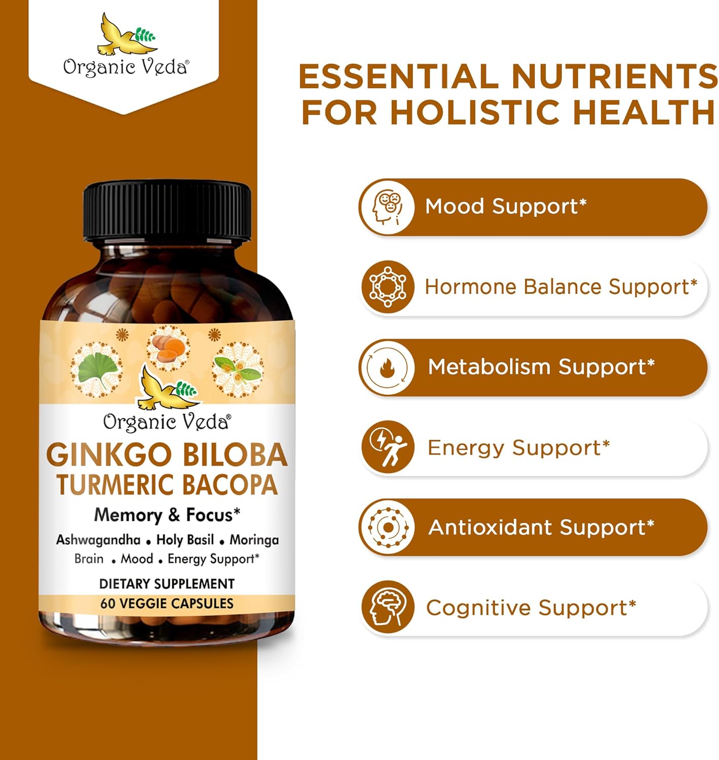 Ginkgo Biloba Turmeric Bacopa Brain Supplement with Ashwagandha - Memory, Mood & Focus Support - Vegan Capsules for Energy & Healthy Joints