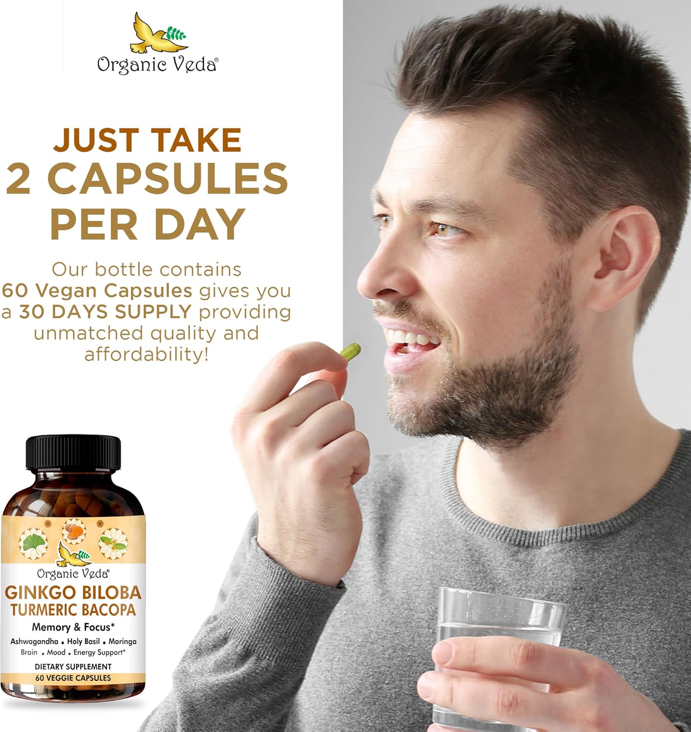 Ginkgo Biloba Turmeric Bacopa Brain Supplement with Ashwagandha - Memory, Mood & Focus Support - Vegan Capsules for Energy & Healthy Joints