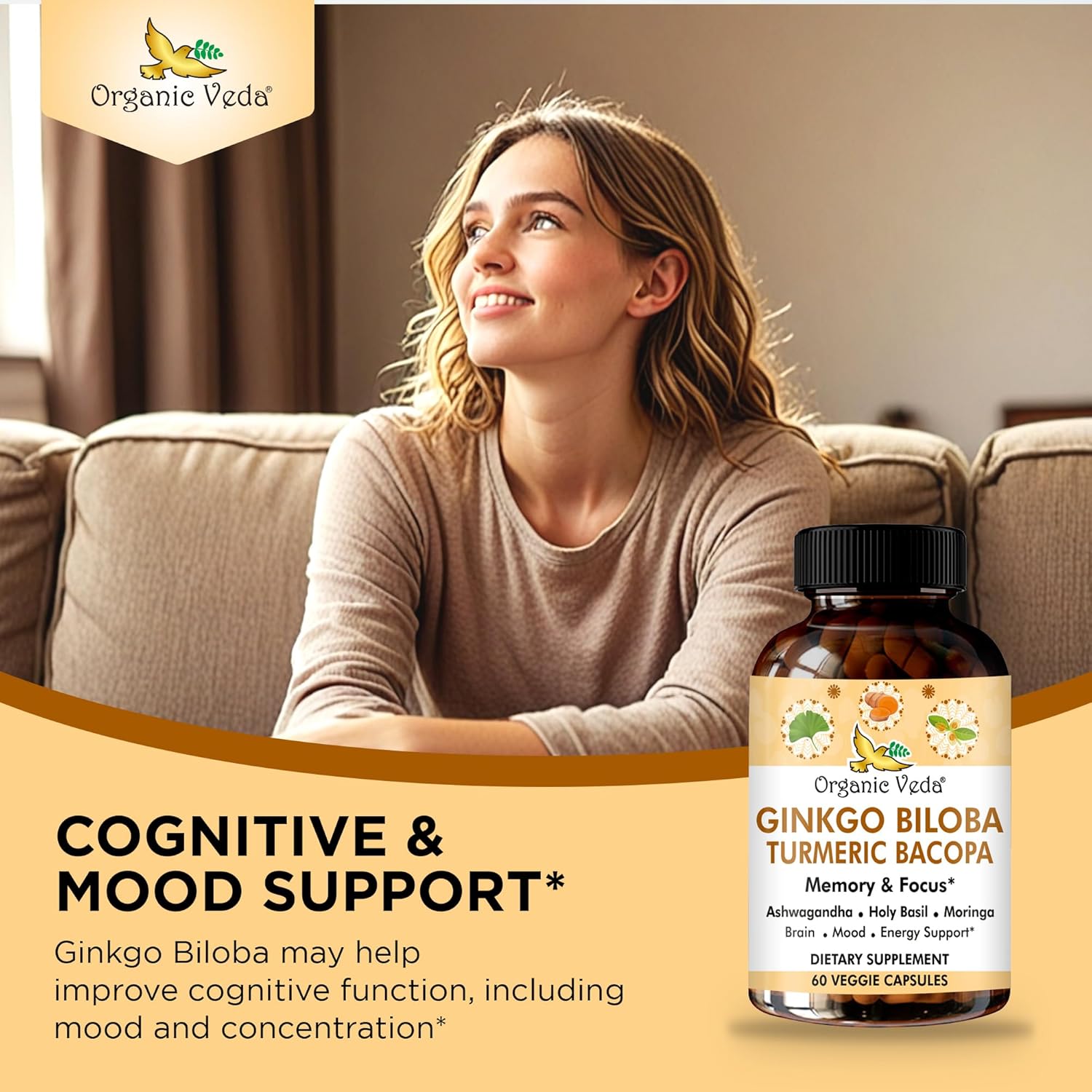 Ginkgo Biloba Turmeric Bacopa Brain Supplement with Ashwagandha - Memory, Mood & Focus Support - Vegan Capsules for Energy & Healthy Joints