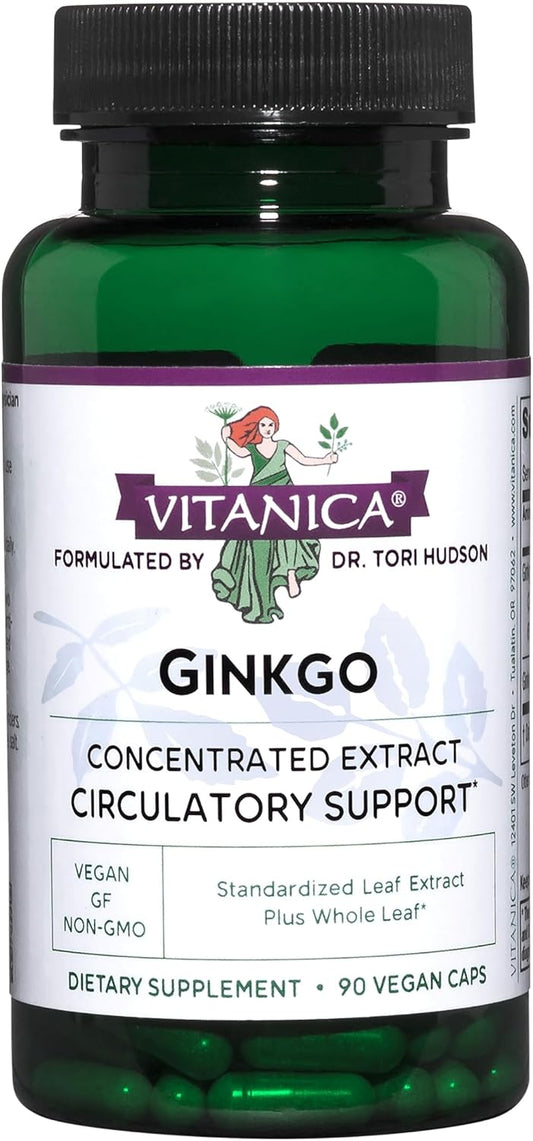 Ginkgo Leaf Herbal Supplement for Brain Health - Supports Blood Flow & Circulation in Women & Men - 90 Capsules - Vitanica