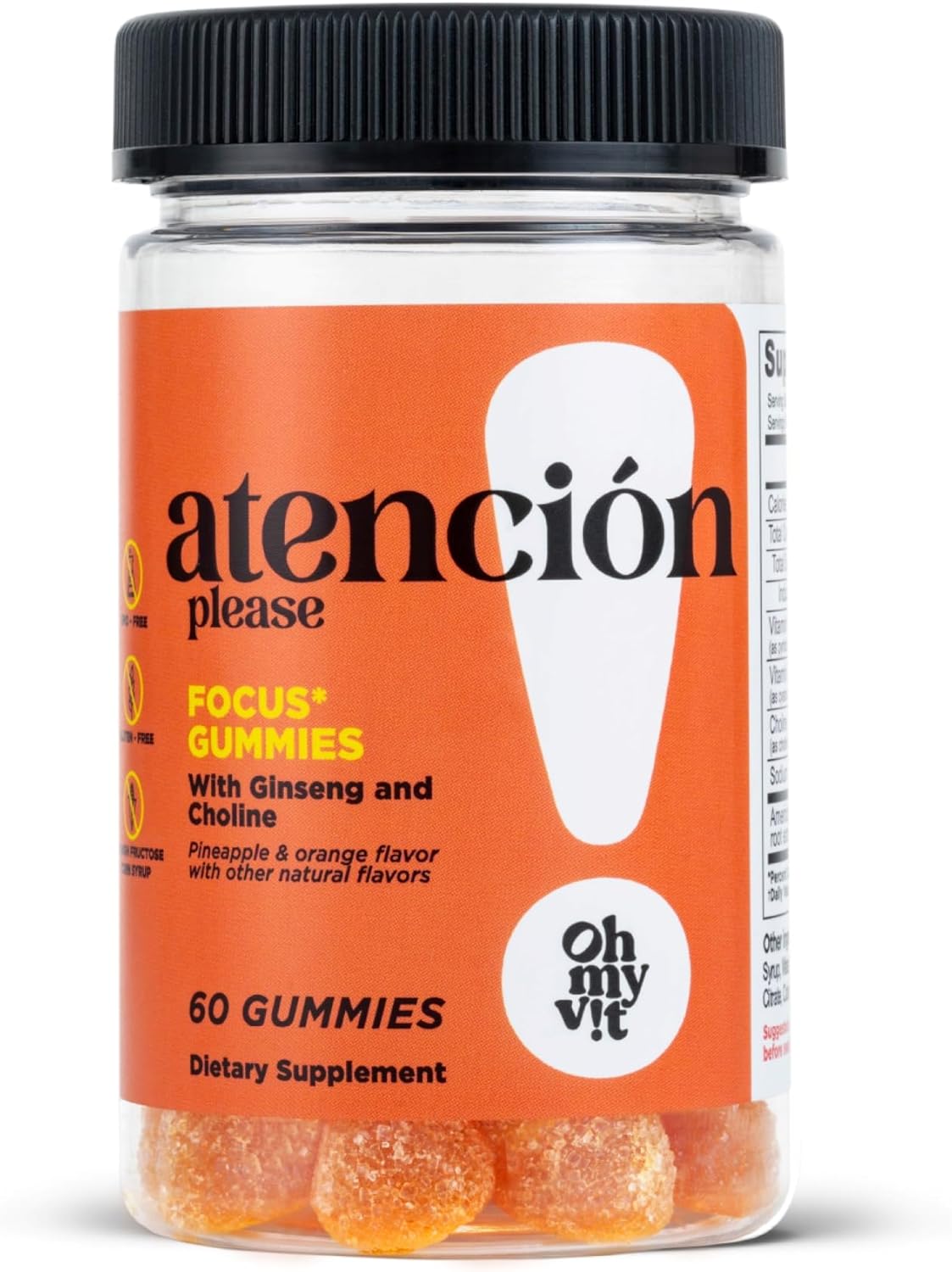 Ginseng and Choline Gummy Supplement for Women and Men - Pineapple and Orange Flavor - 60 Count