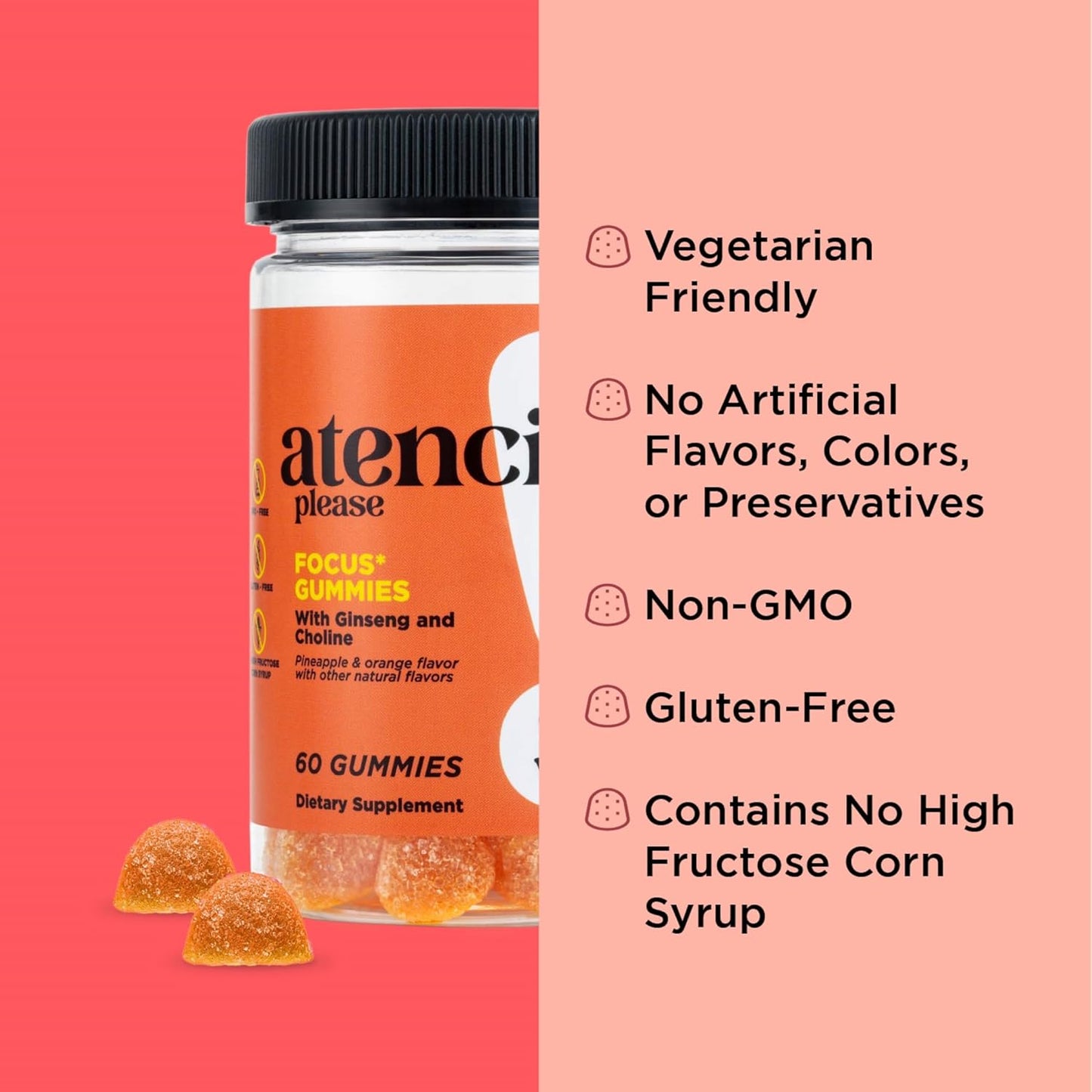 Ginseng and Choline Gummy Supplement for Women and Men - Pineapple and Orange Flavor - 60 Count
