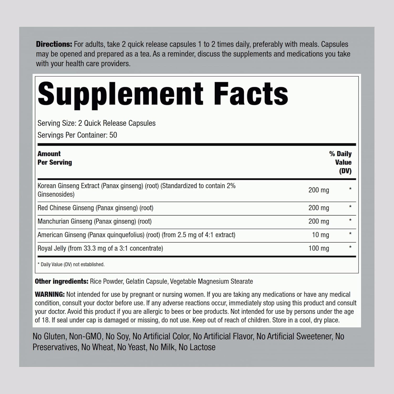 Ginseng Complex Capsules with Royal Jelly - 100 Count, Non-GMO, Gluten Free Supplement by Piping Rock