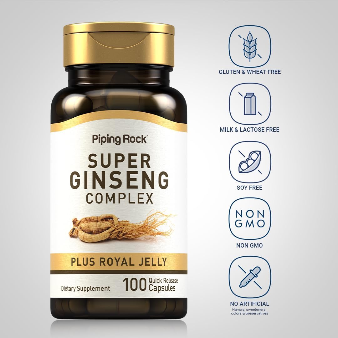 Ginseng Complex Capsules with Royal Jelly - 100 Count, Non-GMO, Gluten Free Supplement by Piping Rock