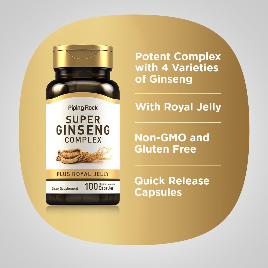 Ginseng Complex Capsules with Royal Jelly - 100 Count, Non-GMO, Gluten Free Supplement by Piping Rock