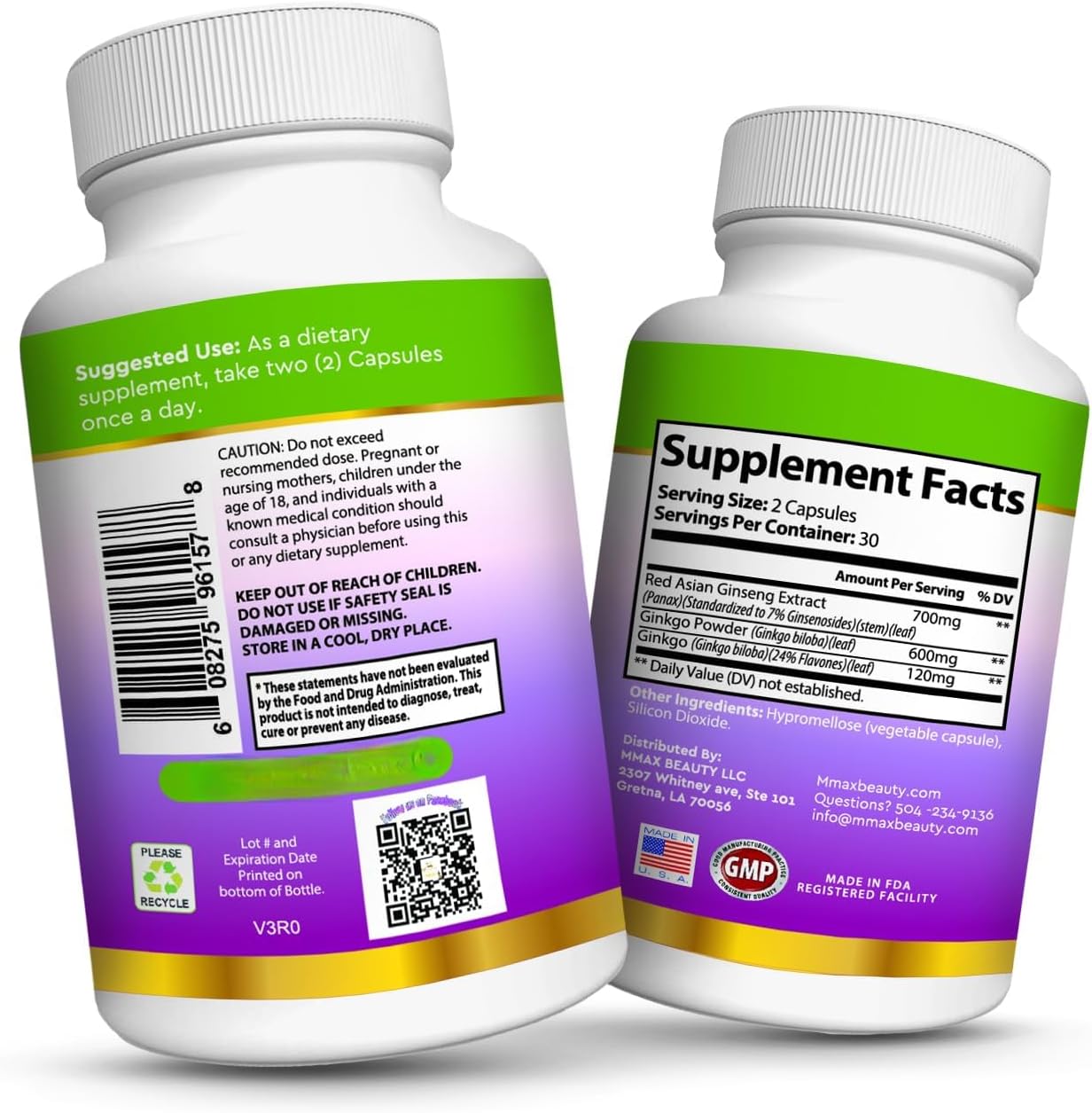 Ginseng Ginkgo Biloba Supplements with Ginseng Extract Powder 700mg + Gingko 600mg + Ginkgo Biloba Extract 120mg