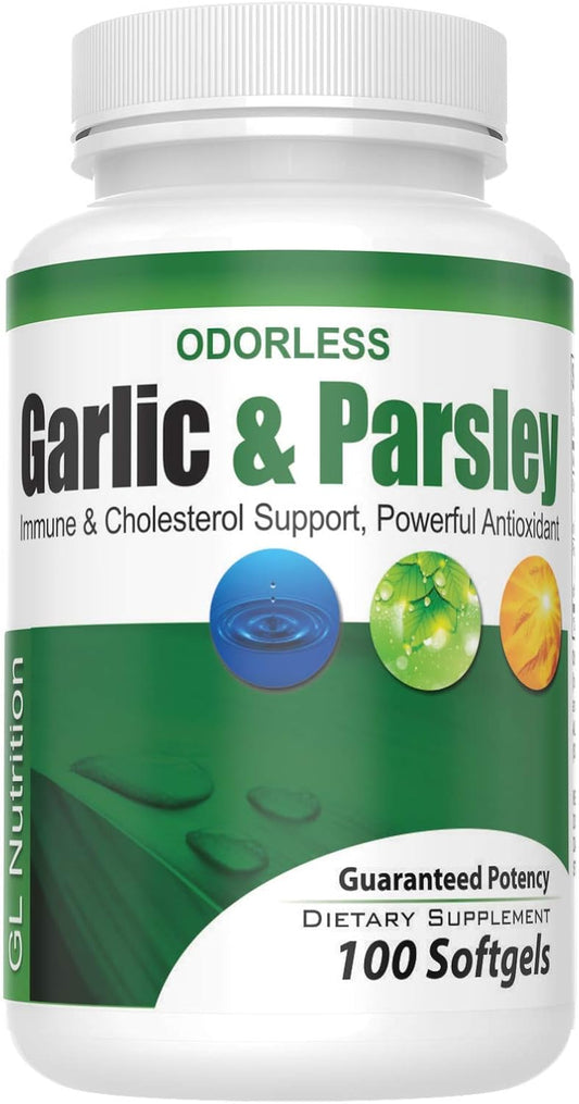 GL Nutrition Odorless Garlic and Parsley Softgels - Immunity & Metabolism Boost with Heart Health & Cholesterol Support - 100 Count