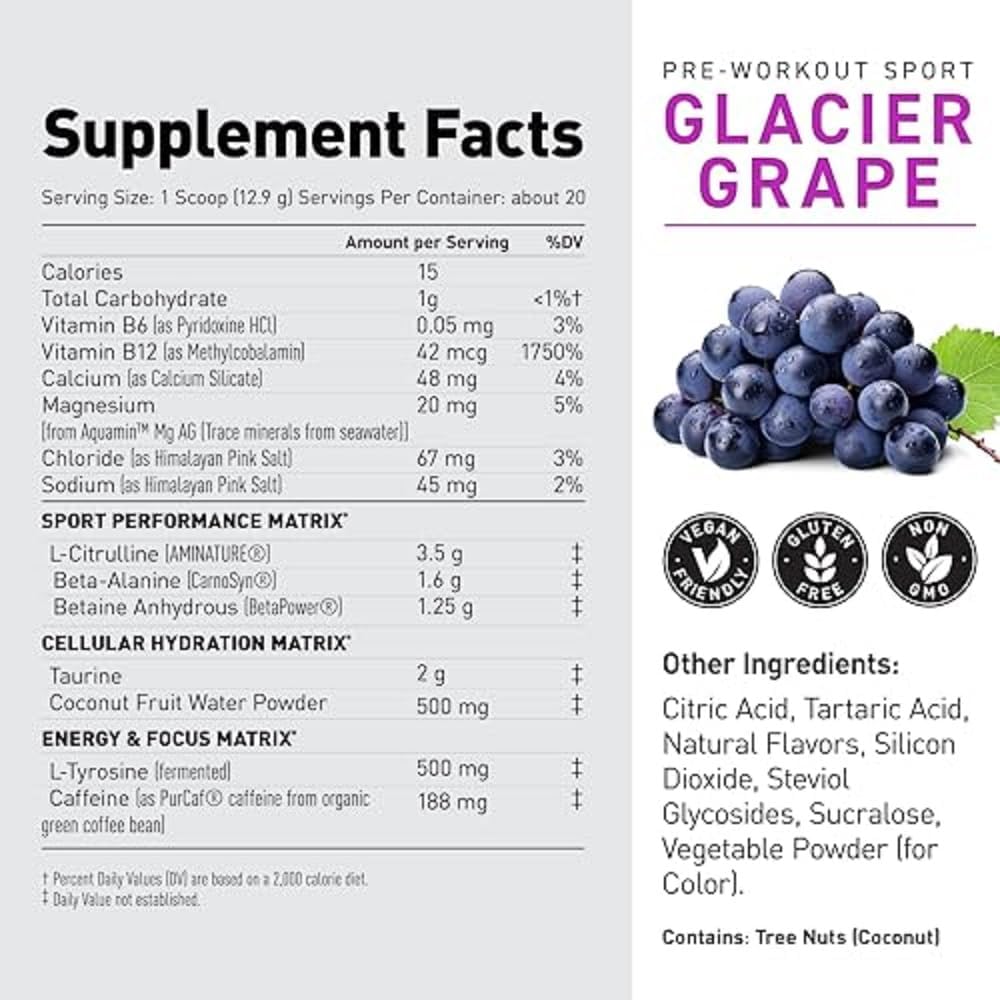 Glacier Grape Pre-Workout Powder for Endurance | Energy Supplement for Cardio & Weightlifting | 20 Servings