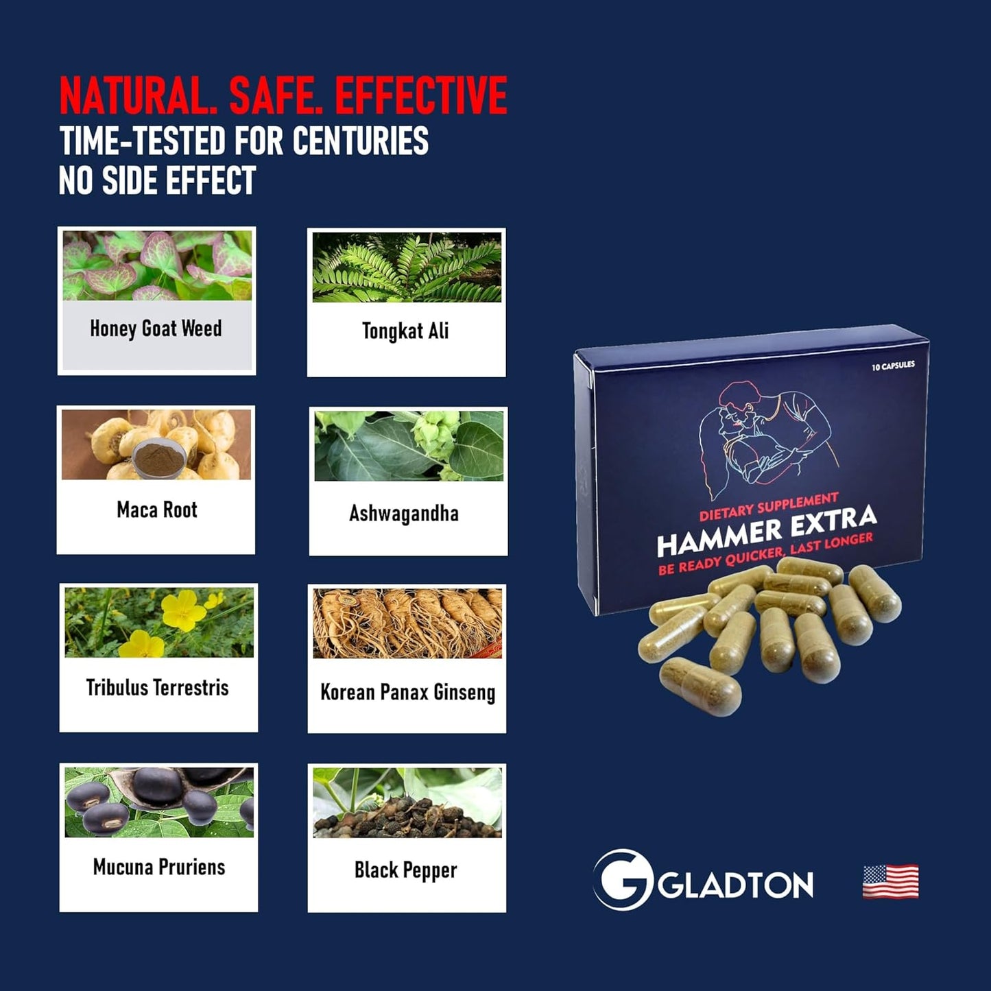 GLADTON Hammer Extra Herbal Supplement for Men - Energy, Stamina, Endurance - Fast Acting Male Enhancing Pill with Horny Goat Weed, Tongkat Ali, Ginseng & Maca Root - 10 Capsules