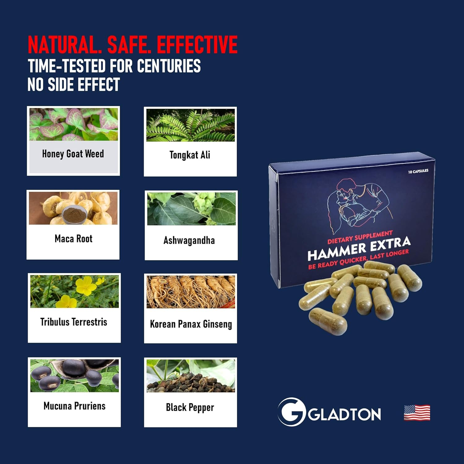 GLADTON Hammer Extra Herbal Supplement for Men - Energy, Stamina, Endurance - Fast Acting Male Enhancing Pill with Horny Goat Weed, Tongkat Ali, Ginseng & Maca Root - 10 Capsules