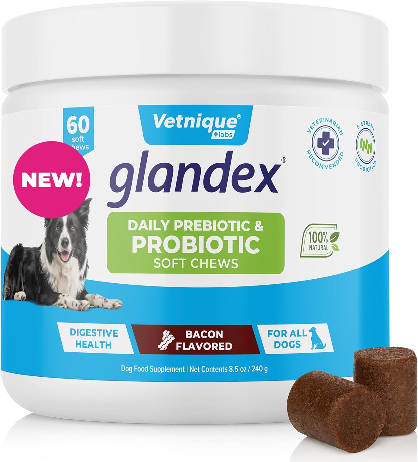 Glandex Daily Probiotic Soft Chews for Dogs - Bacon Flavored Digestive Support for Gut Health and Immune System (60 Count)