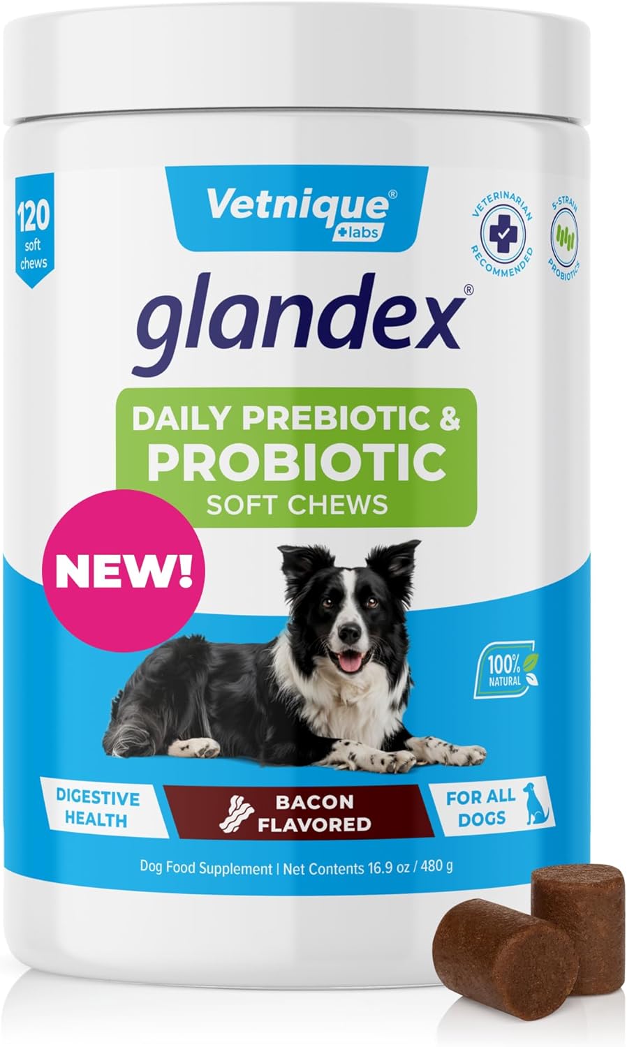 Glandex Probiotic Soft Chews for Dogs - Daily Gut Health & Immune Support - Bacon Flavor - 120 Count
