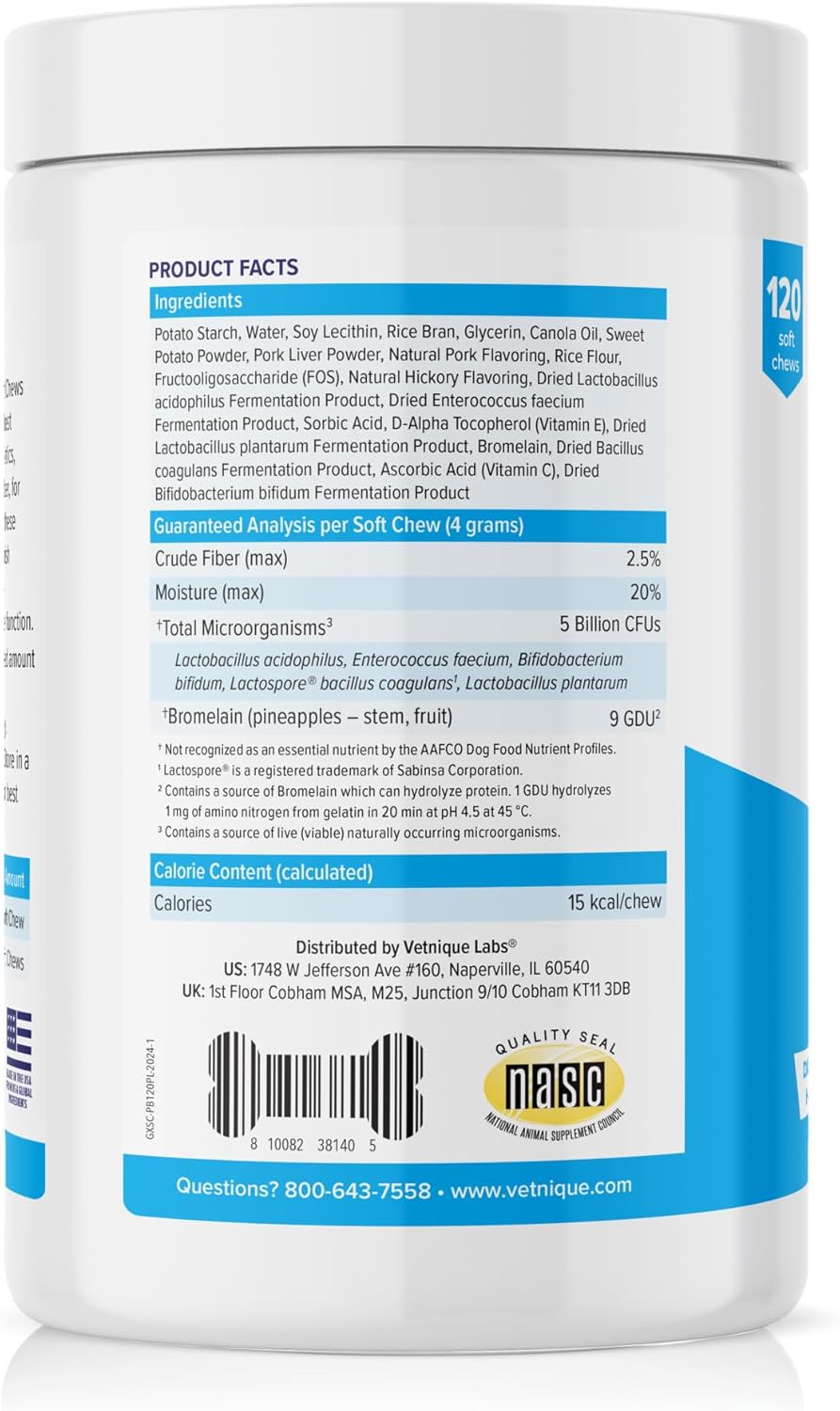 Glandex Probiotic Soft Chews for Dogs - Daily Gut Health & Immune Support - Bacon Flavor - 120 Count