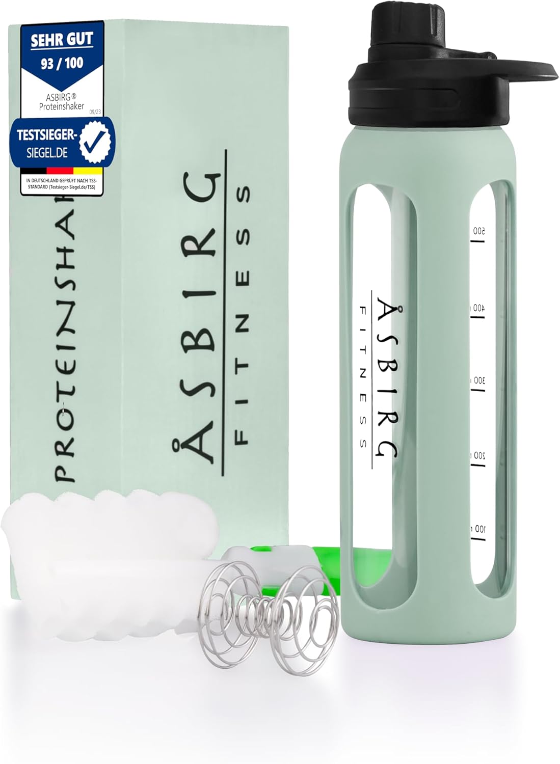Glass Protein Shaker Bottle with Spiral Ball - 24 oz (Pastel Green) for Fitness Workouts