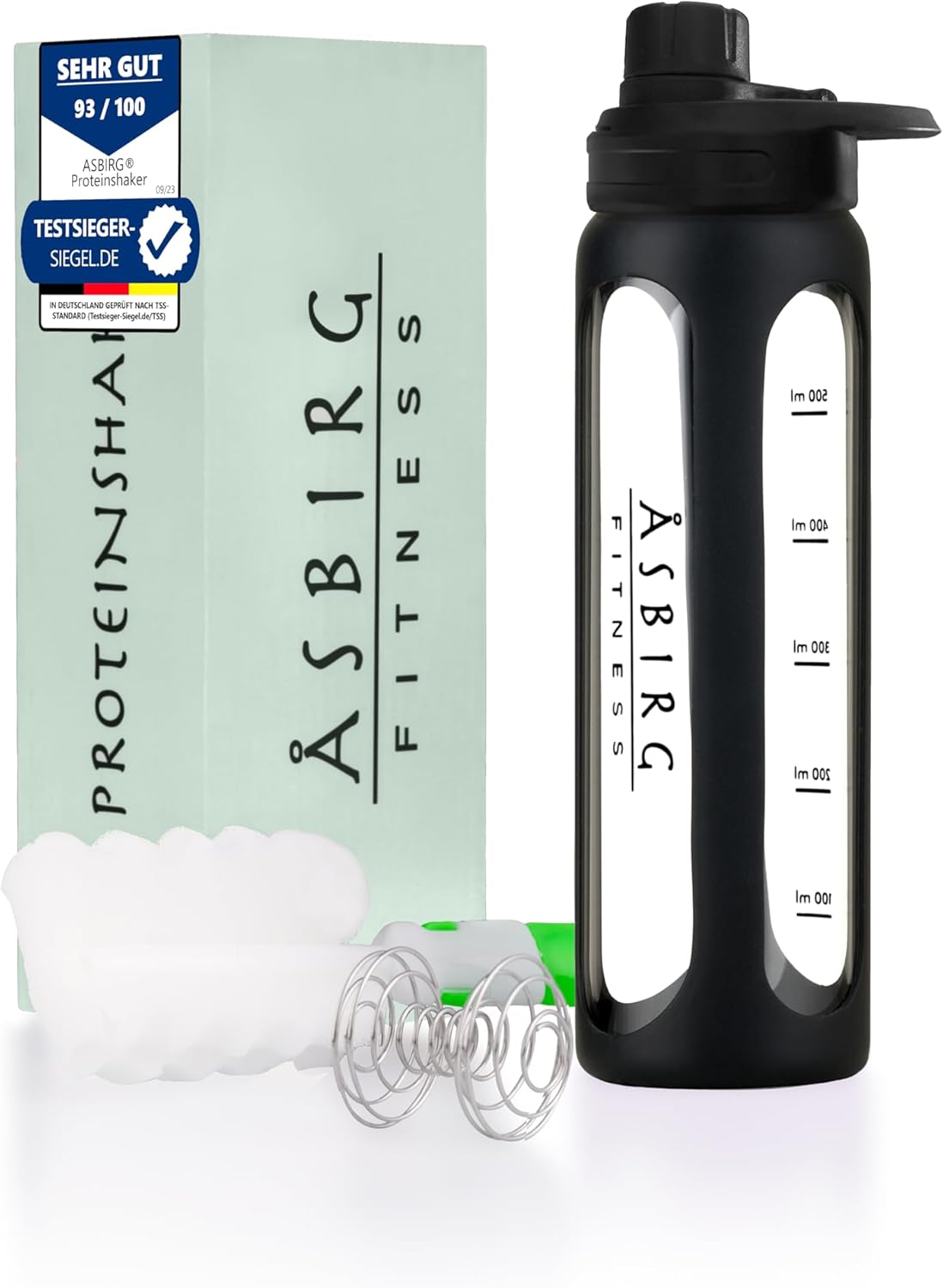 Glass Protein Shaker Bottle with Spiral Ball - 24 oz (Black) - Asbirg 2.0 Fitness