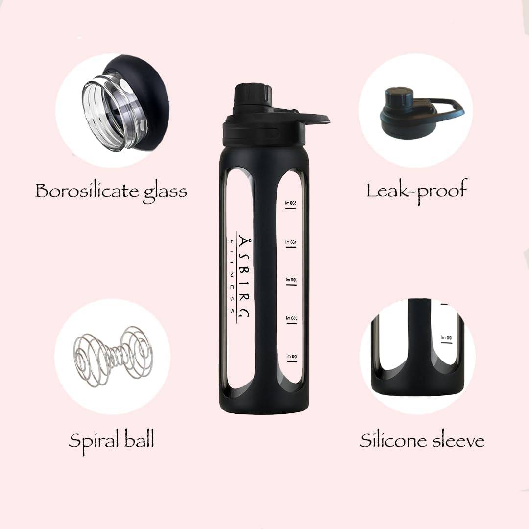 Glass Protein Shaker Bottle with Spiral Ball - 24 oz (Black) - Asbirg 2.0 Fitness