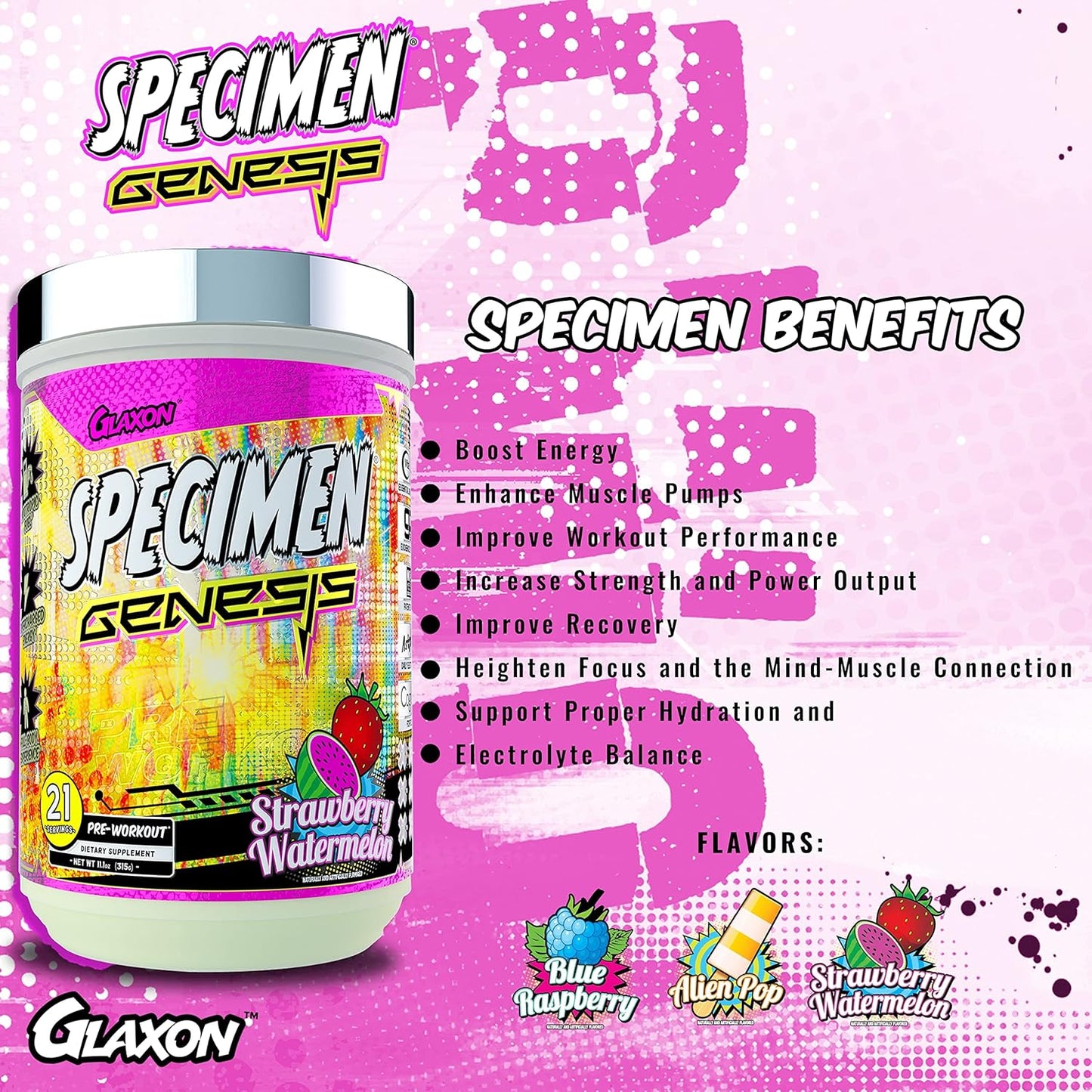 Glaxon Specimen V3 Pre-Workout Powder: High-Stimulant Energy & Muscle Pump with Focus & Hydration - Strawberry Watermelon Flavor