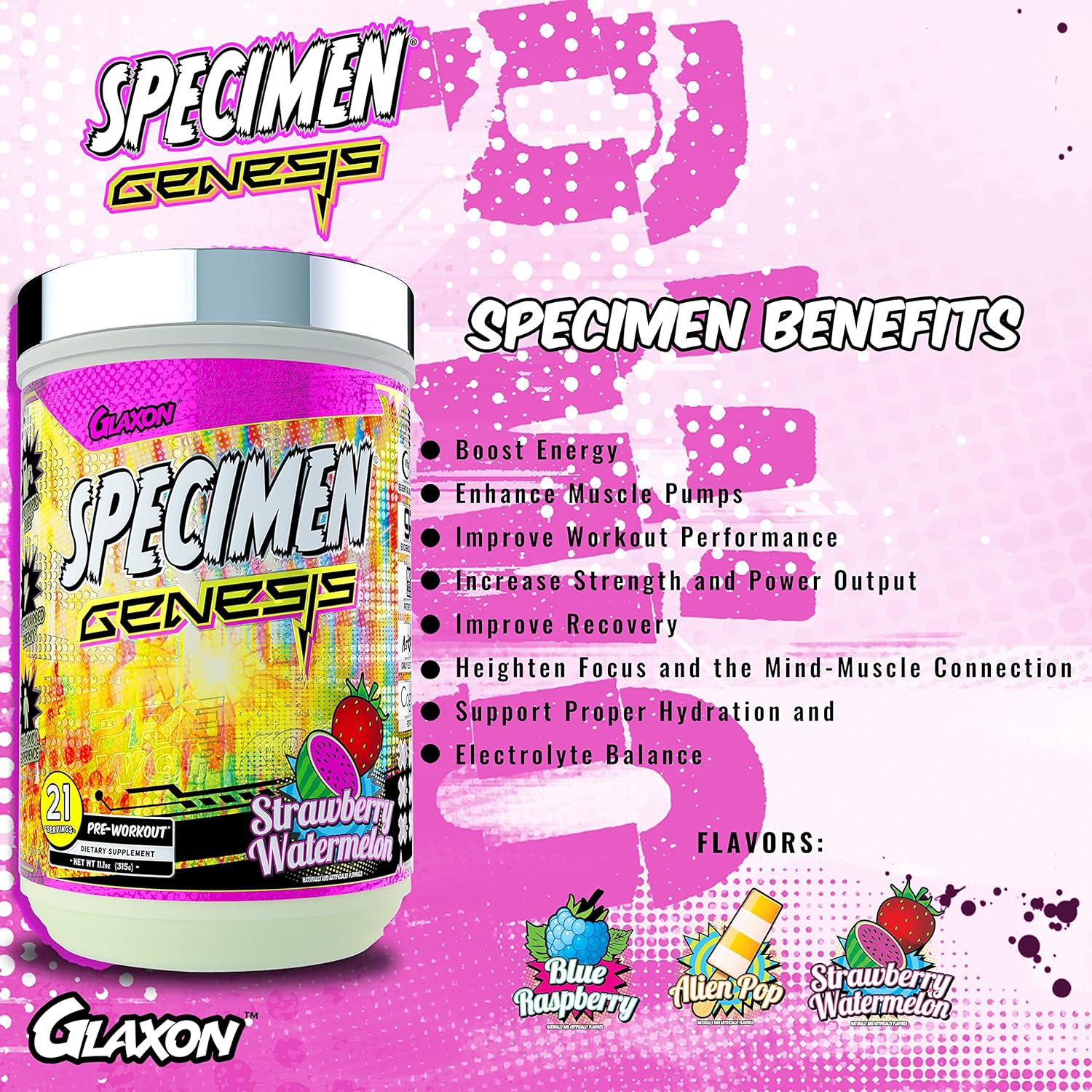 Glaxon Specimen V3 Pre-Workout Powder: High-Stimulant Energy & Muscle Pump with Focus & Hydration - Strawberry Watermelon Flavor