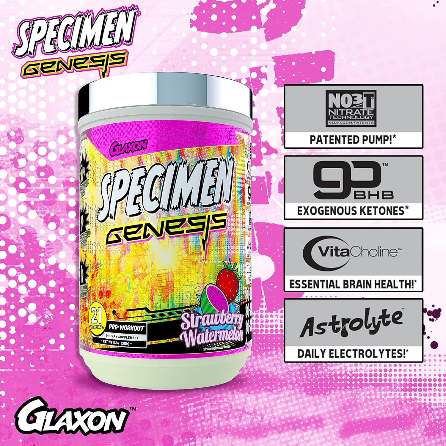 Glaxon Specimen V3 Pre-Workout Powder: High-Stimulant Energy & Muscle Pump with Focus & Hydration - Strawberry Watermelon Flavor