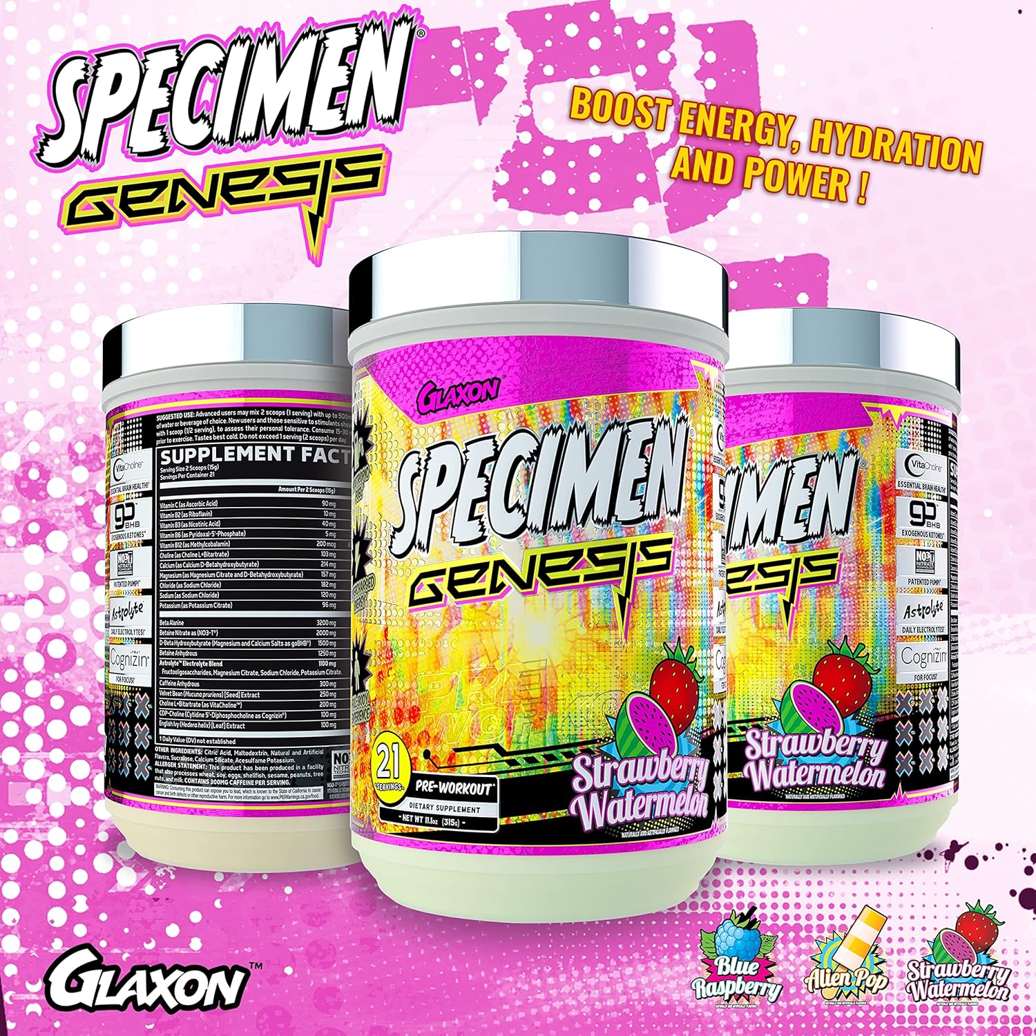 Glaxon Specimen V3 Pre-Workout Powder: High-Stimulant Energy & Muscle Pump with Focus & Hydration - Strawberry Watermelon Flavor