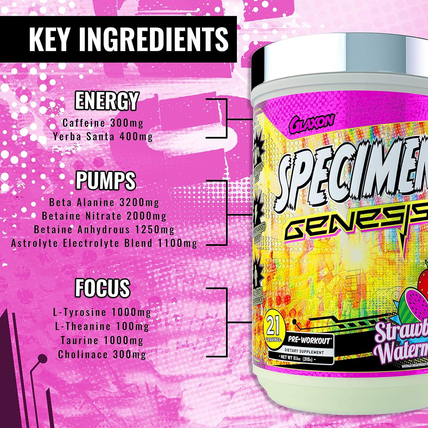 Glaxon Specimen V3 Pre-Workout Powder: High-Stimulant Energy & Muscle Pump with Focus & Hydration - Strawberry Watermelon Flavor