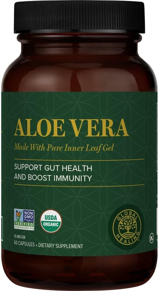 Global Healing Center Aloe Vera Bio-Active Leaf Supplement - 200x Concentrate Formula with Acemannan - Aloin-Free - Gut Health & Immune Support - 60 Capsules
