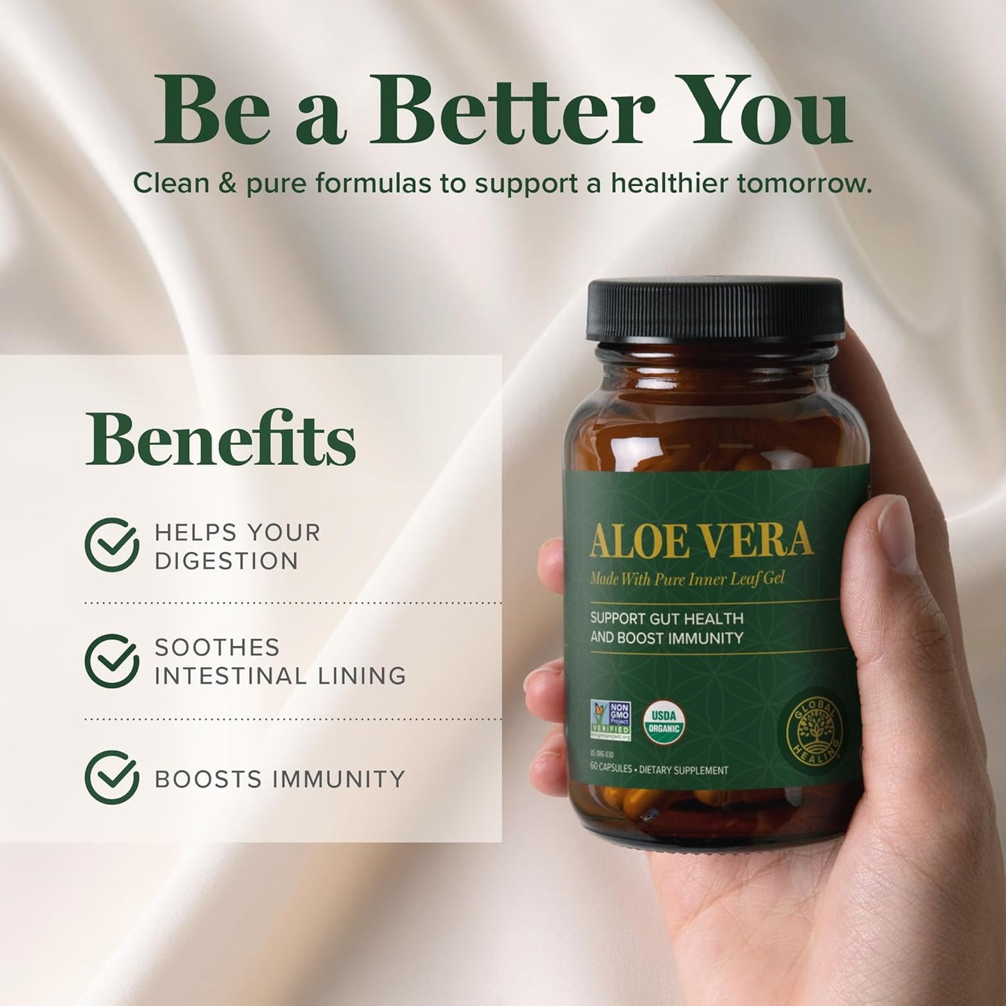 Global Healing Center Aloe Vera Bio-Active Leaf Supplement - 200x Concentrate Formula with Acemannan - Aloin-Free - Gut Health & Immune Support - 60 Capsules