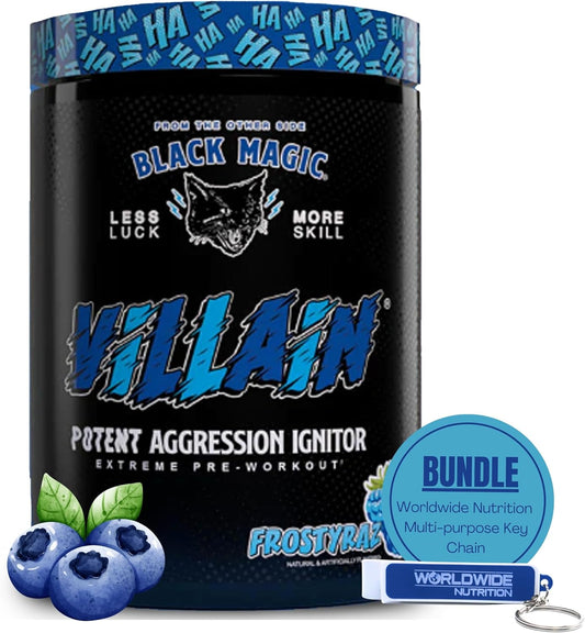 Global Nutrition Bundle for Black Magic Supply Frosty Blue Villain Pre Workout - High-Stim Nootropic with Beta-Alanine, L-Tyrosine, & Caffeine - 25 Servings + Multi-Purpose Keychain