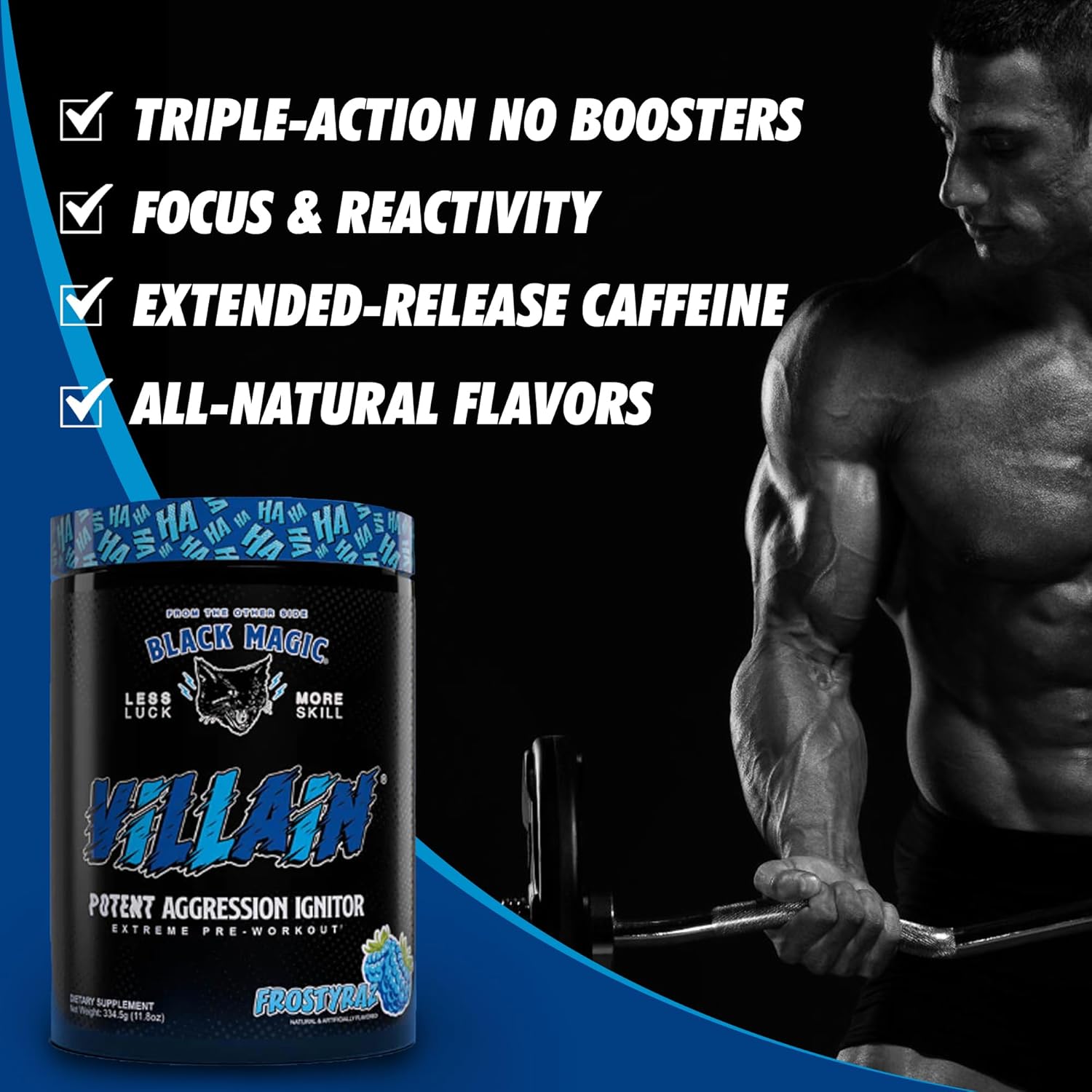 Global Nutrition Bundle for Black Magic Supply Frosty Blue Villain Pre Workout - High-Stim Nootropic with Beta-Alanine, L-Tyrosine, & Caffeine - 25 Servings + Multi-Purpose Keychain