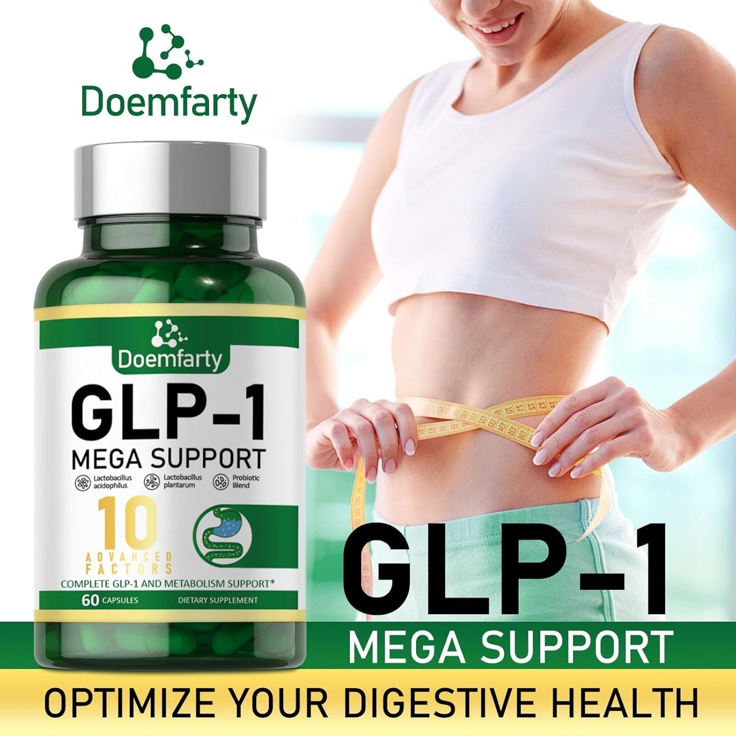 GLP-1 Probiotic Supplement with 10 Billion CFU Multi-Strain Probiotics - 60 Capsules for Men & Women
