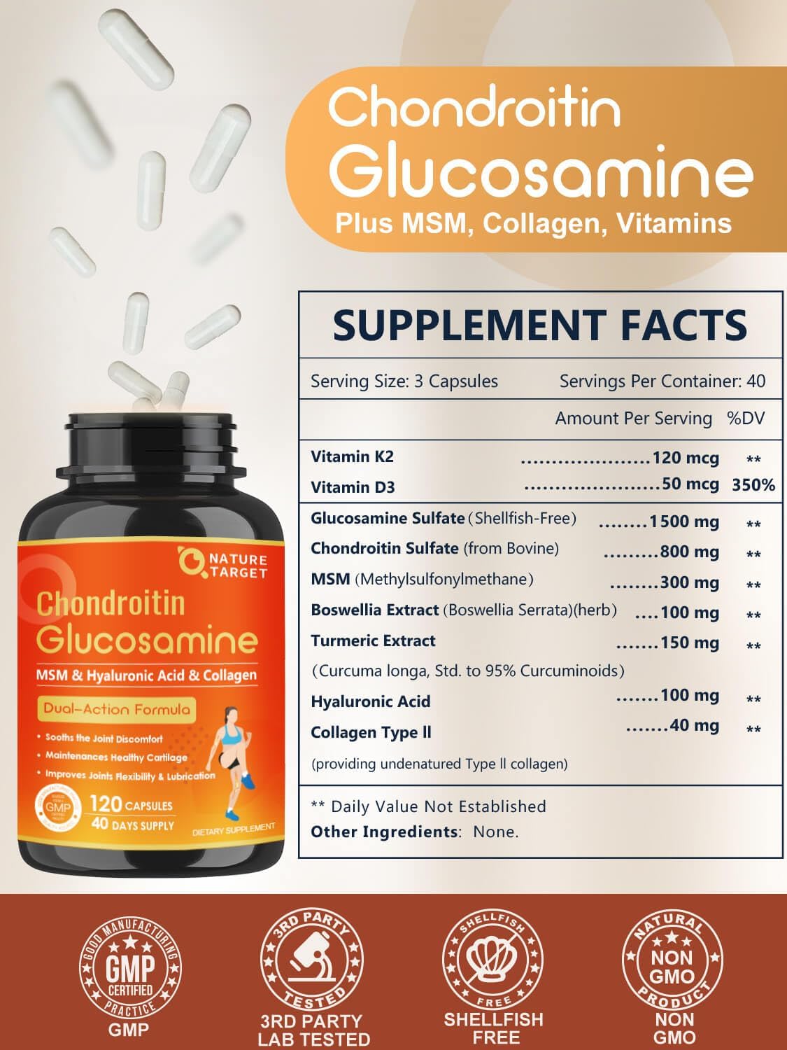 Glucosamine Chondroitin Joint Support Supplement with MSM, Collagen, Turmeric - Shellfish Free, 120 Capsules for Men & Women